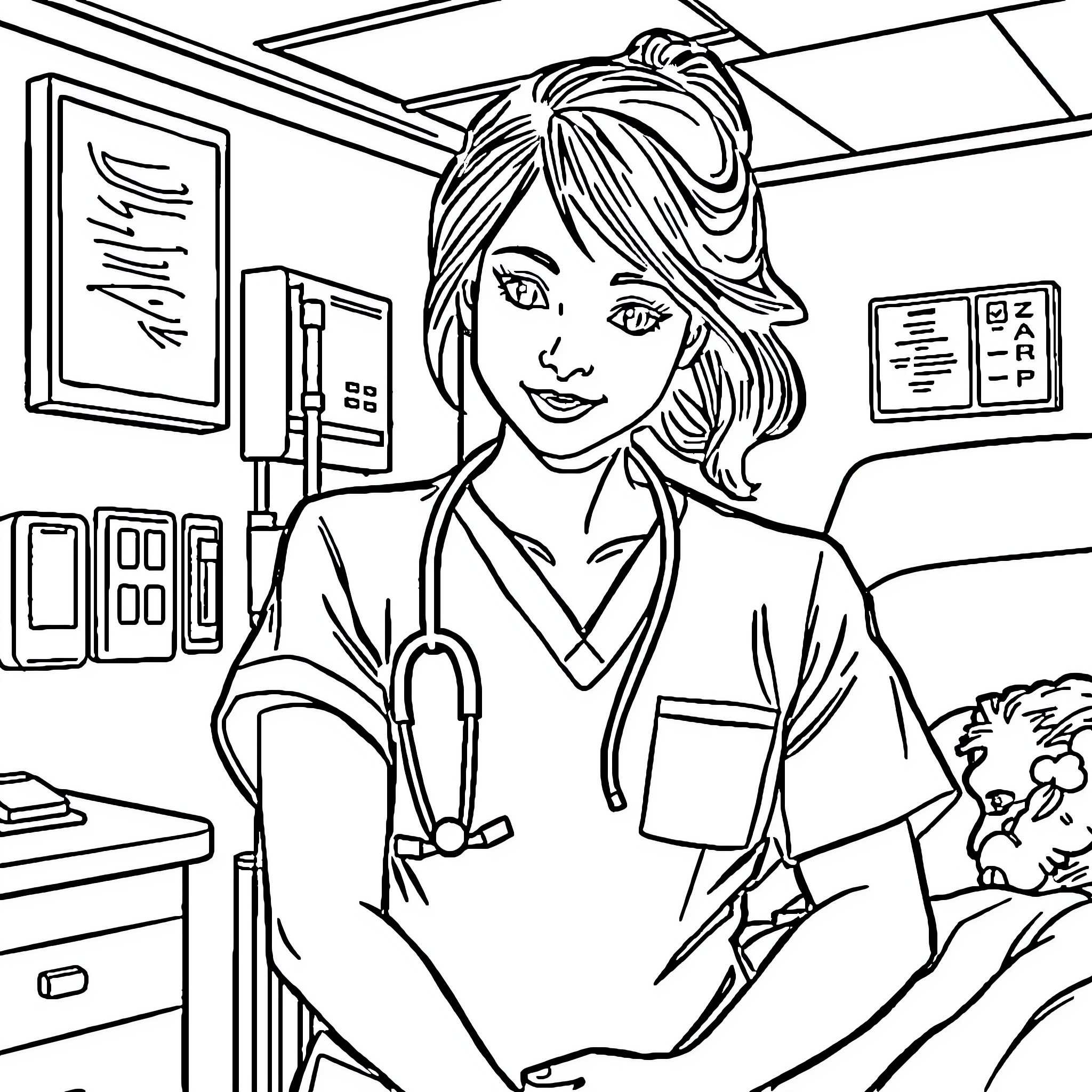 Nurse caring for patient in hospital setting Coloring Page (free black-and-white line drawing printable PDF for all, from beginners to advanced learners, including children, teens, adults, and seniors)