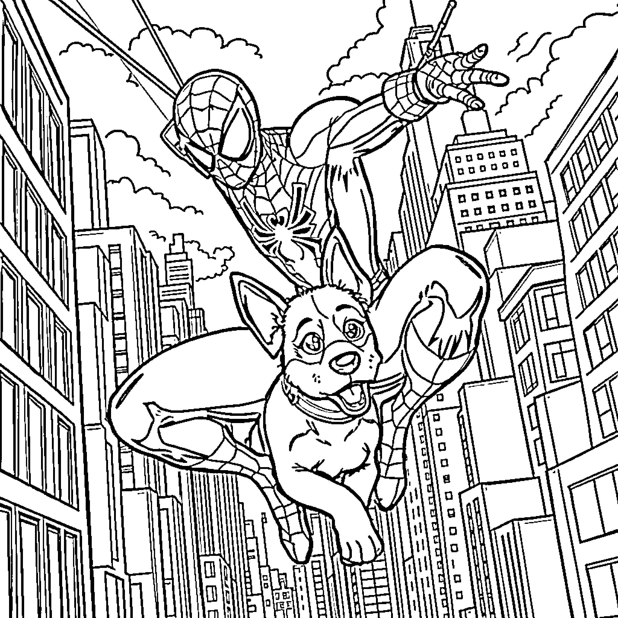 Spiderman and Chihuahua Saving the City Coloring Page (free black-and-white line drawing printable PDF for all, from beginners to advanced learners, including children, teens, adults, and seniors)