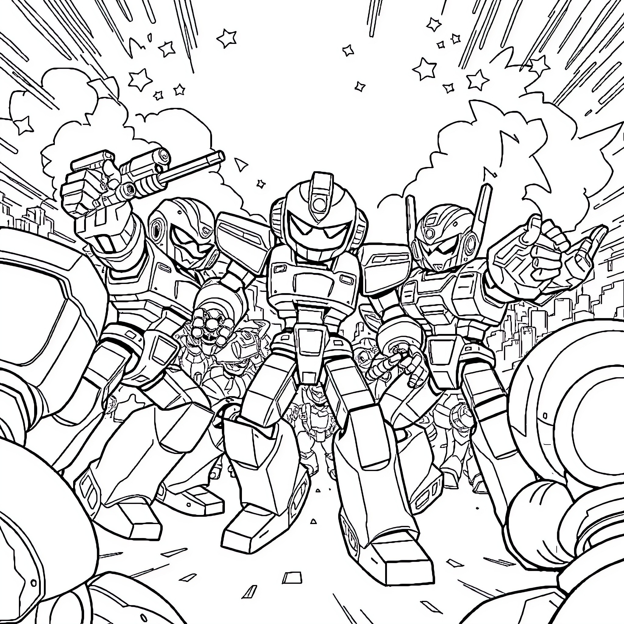 Medabots fighting in an action-packed scene Coloring Page (free black-and-white line drawing printable PDF for all, from beginners to advanced learners, including children, teens, adults, and seniors)