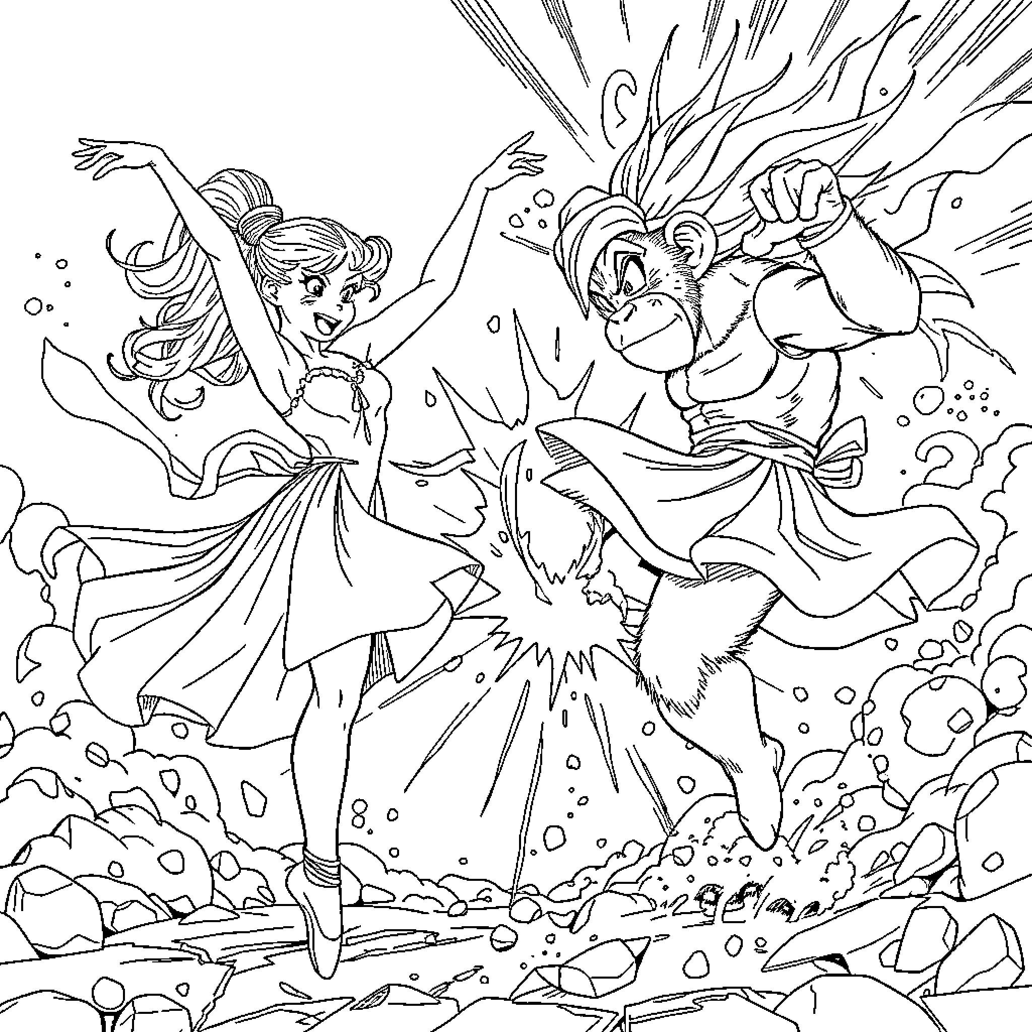 Ballerina dancing with a ferocious animal in an underwater scene Coloring Page (free black-and-white line drawing printable PDF for all, from beginners to advanced learners, including children, teens, adults, and seniors)