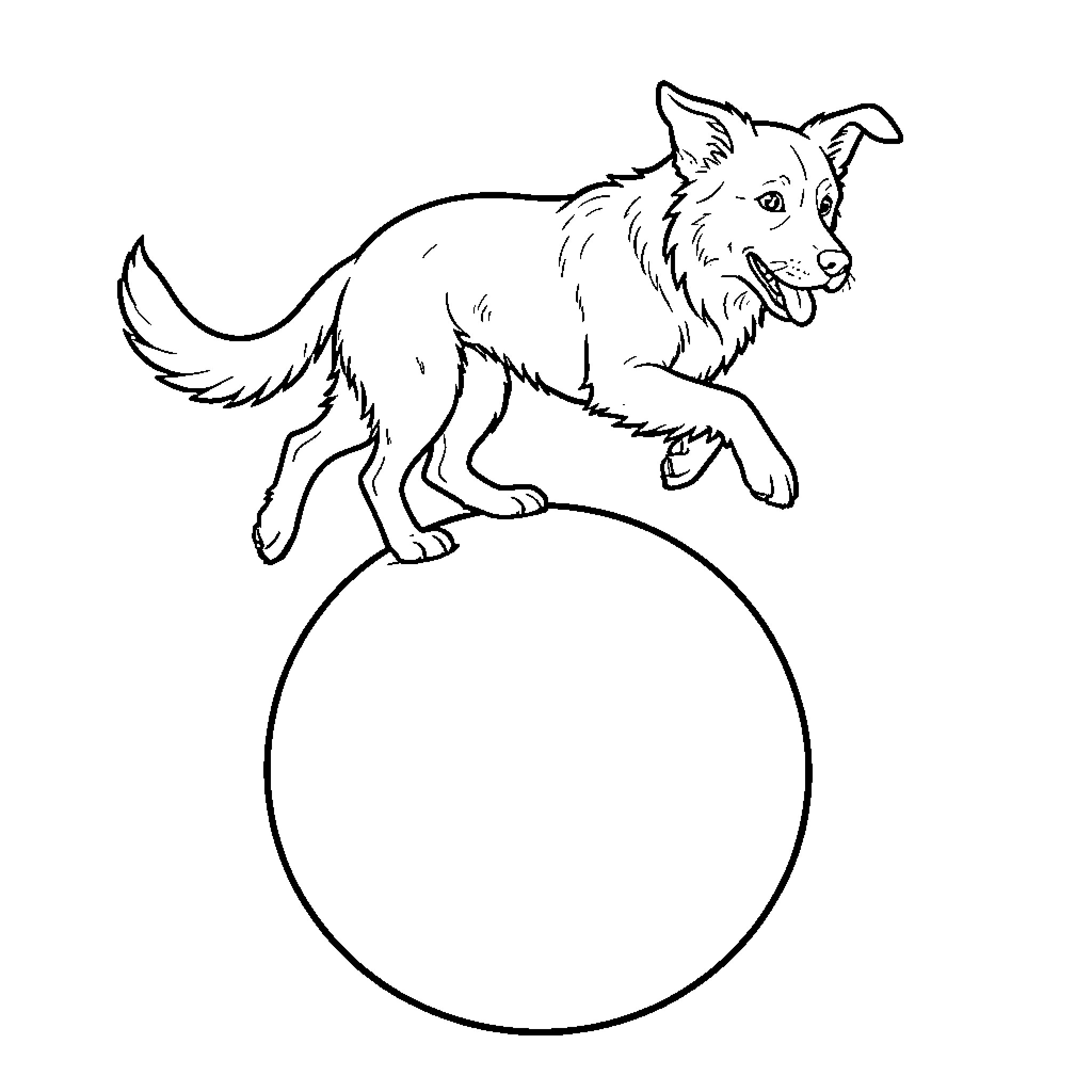 Dog leaping playfully over a large ball Coloring Page (free black-and-white line drawing printable PDF for all, from beginners to advanced learners, including children, teens, adults, and seniors)