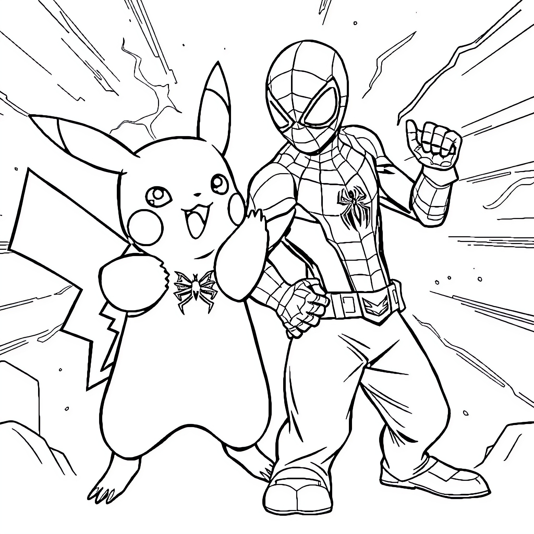 Pikachu and Spider-Man in Action Coloring Page (free black-and-white line drawing printable PDF for all, from beginners to advanced learners, including children, teens, adults, and seniors)