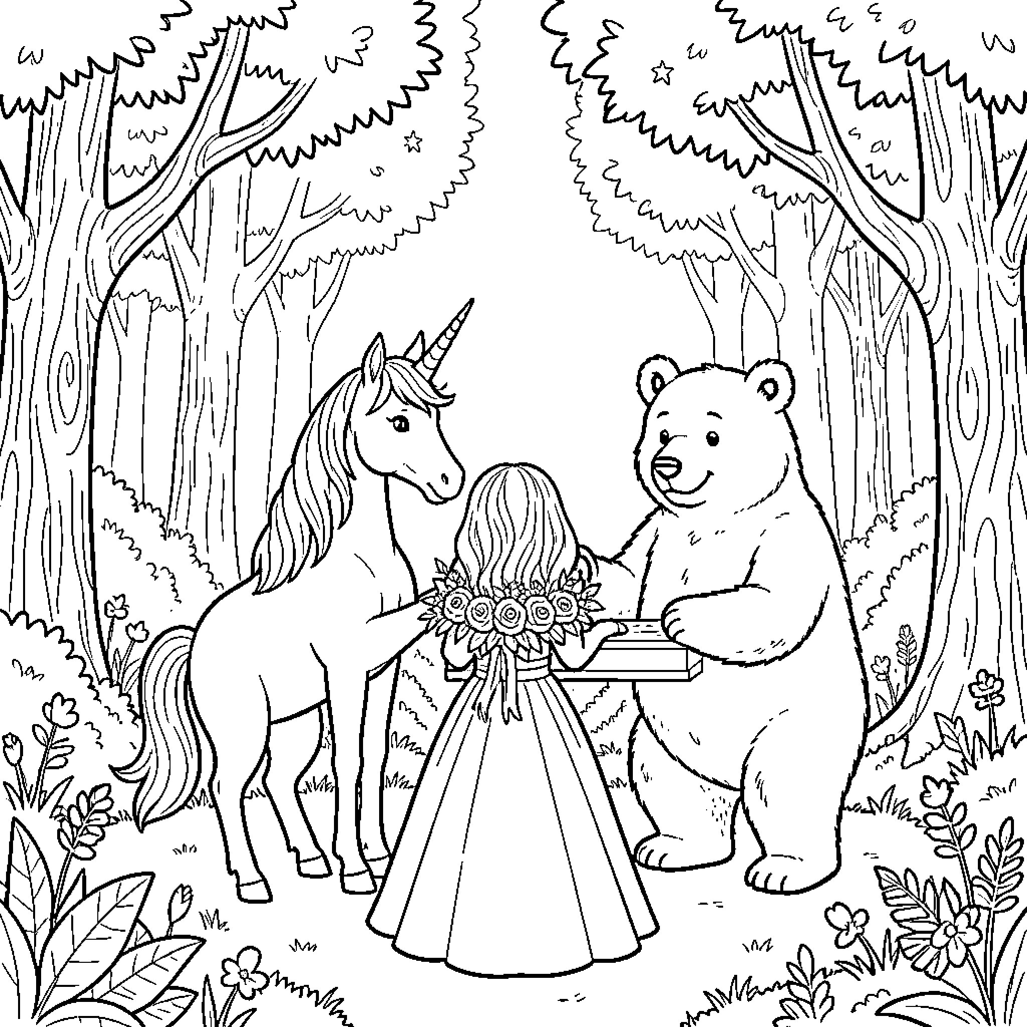 Unicorn meeting a girl and a bear in forest Coloring Page (free black-and-white line drawing printable PDF for all, from beginners to advanced learners, including children, teens, adults, and seniors)