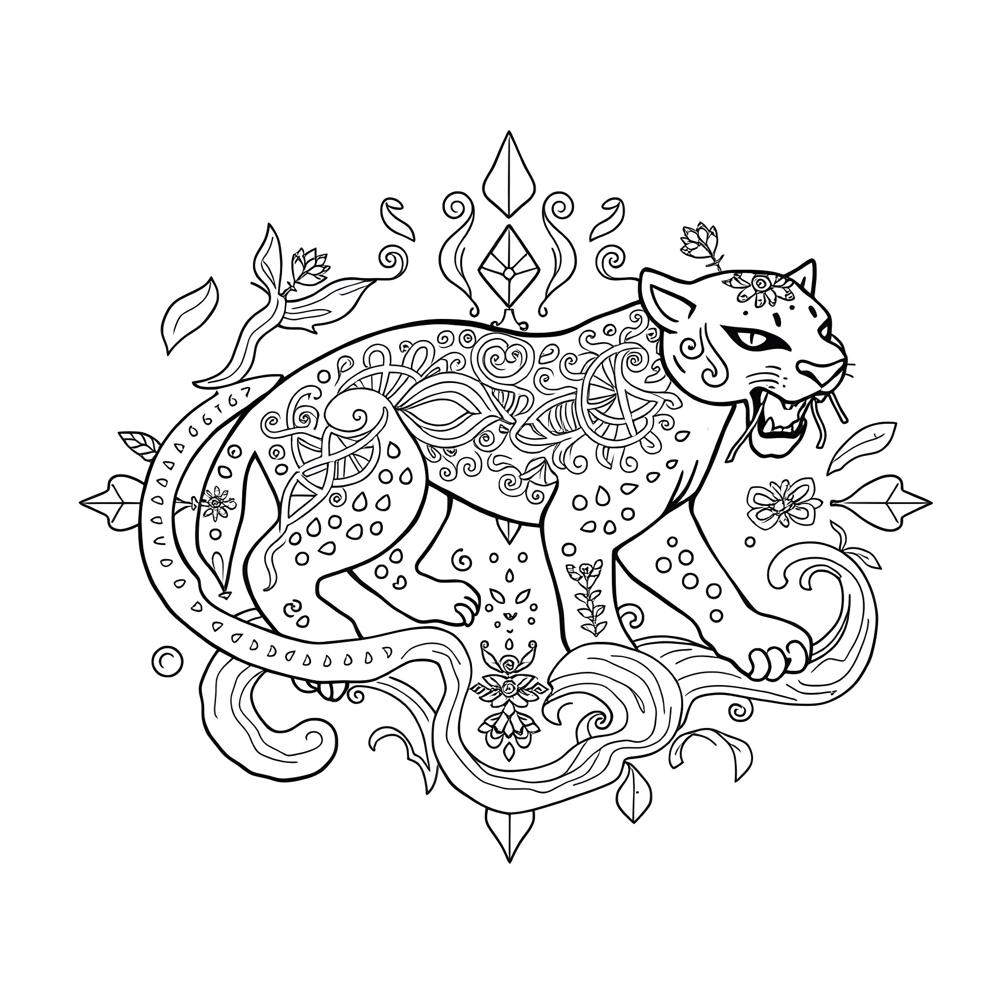 Mishipeshu, the Mythical Water Panther in Ornate Splendor Coloring Page (free black-and-white line drawing printable PDF for all, from beginners to advanced learners, including children, teens, adults, and seniors)