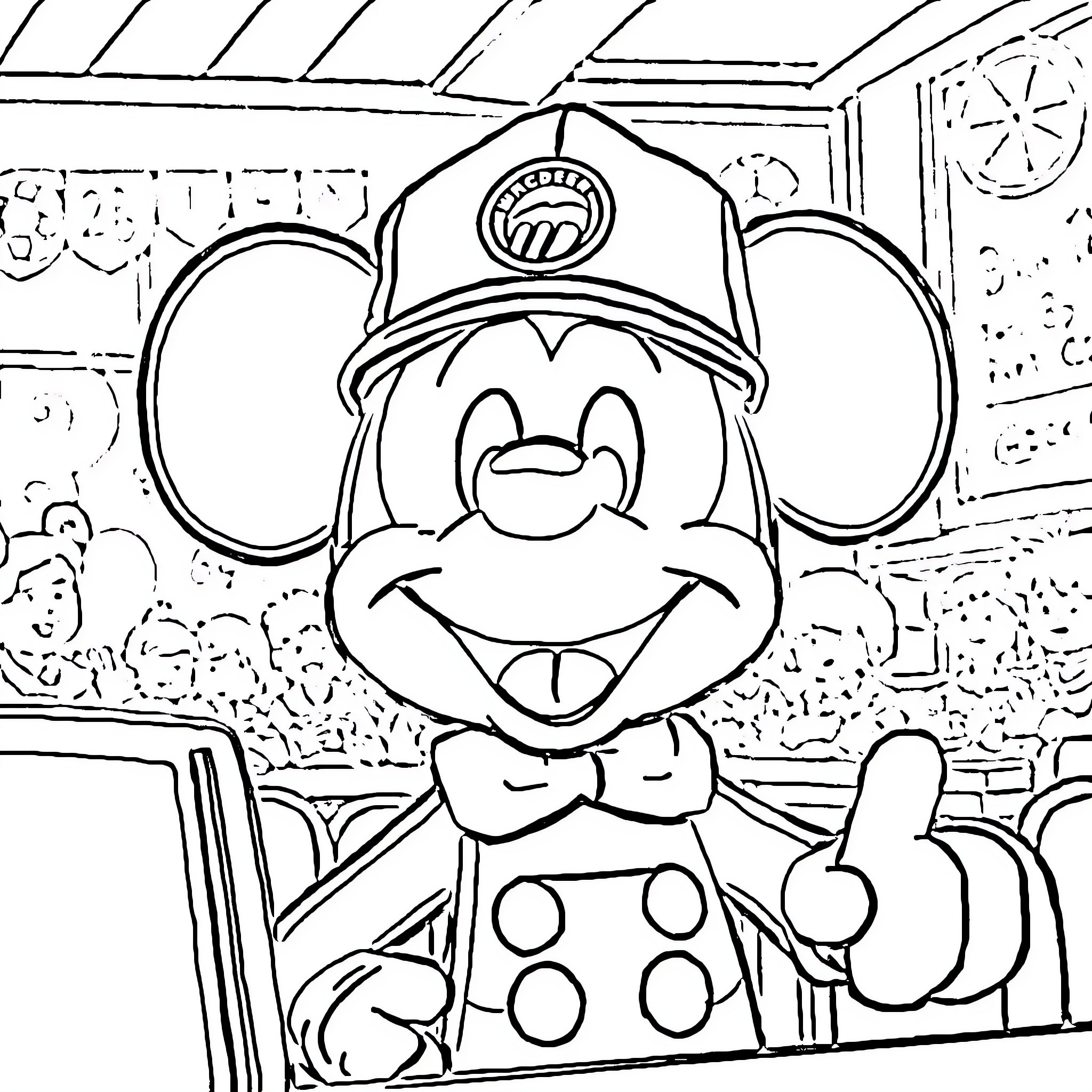 Mickey Mouse in Police Officer Uniform Smiling Coloring Page (free black-and-white line drawing printable PDF for all, from beginners to advanced learners, including children, teens, adults, and seniors)