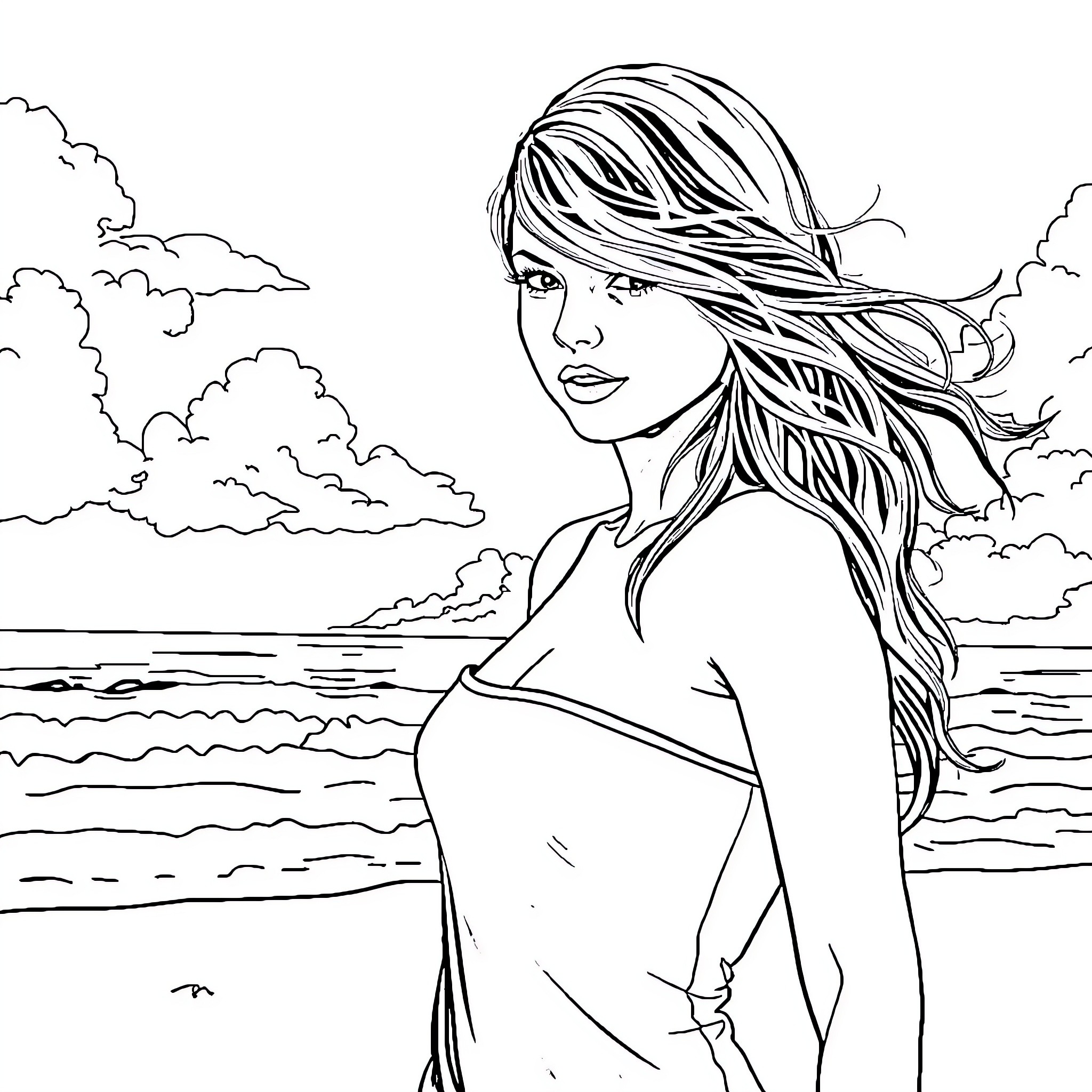 Taylor Swift posing on a scenic beach Coloring Page (free black-and-white line drawing printable PDF for all, from beginners to advanced learners, including children, teens, adults, and seniors)