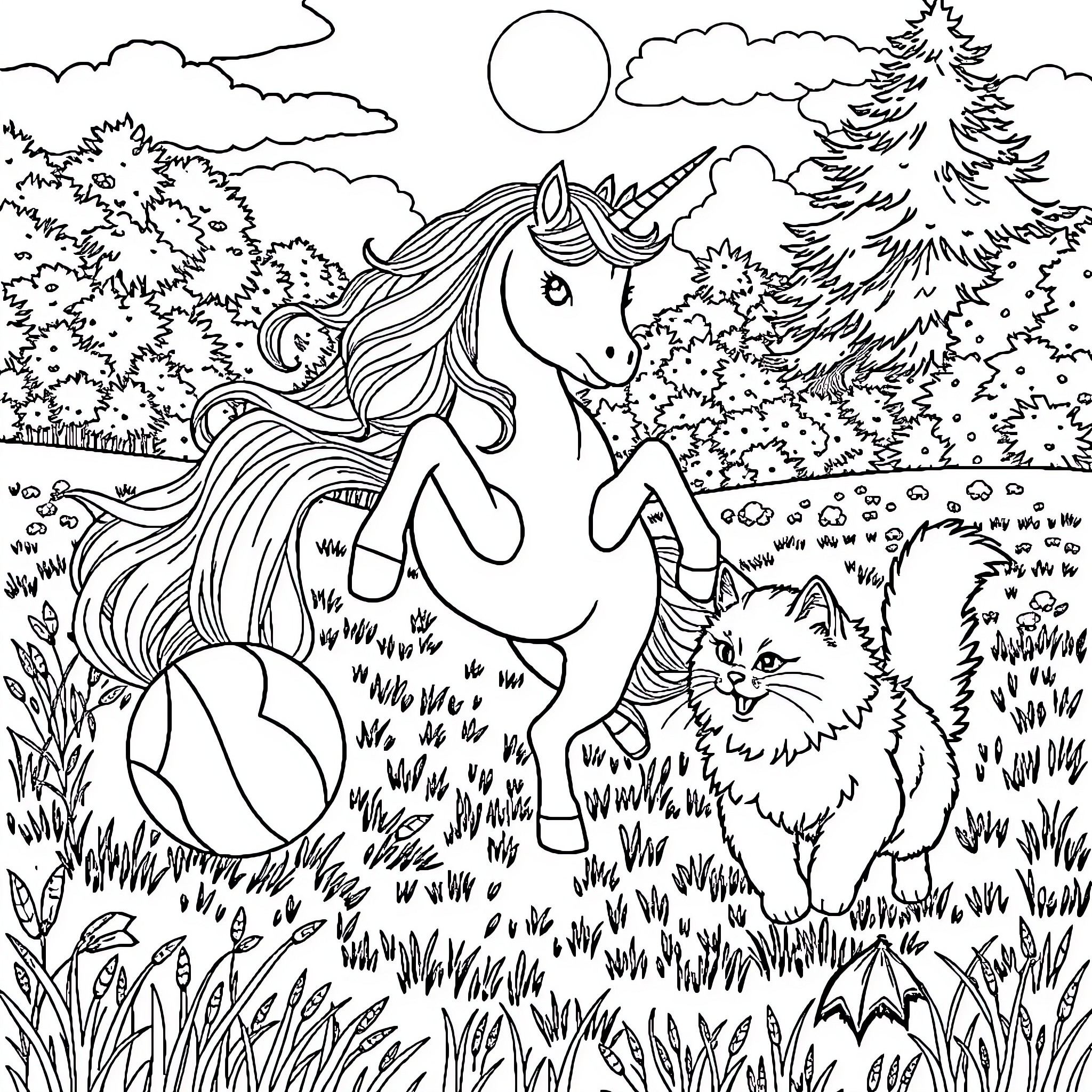 Unicorn and Kitten Explore the Enchanted Forest Coloring Page (free black-and-white line drawing printable PDF for all, from beginners to advanced learners, including children, teens, adults, and seniors)