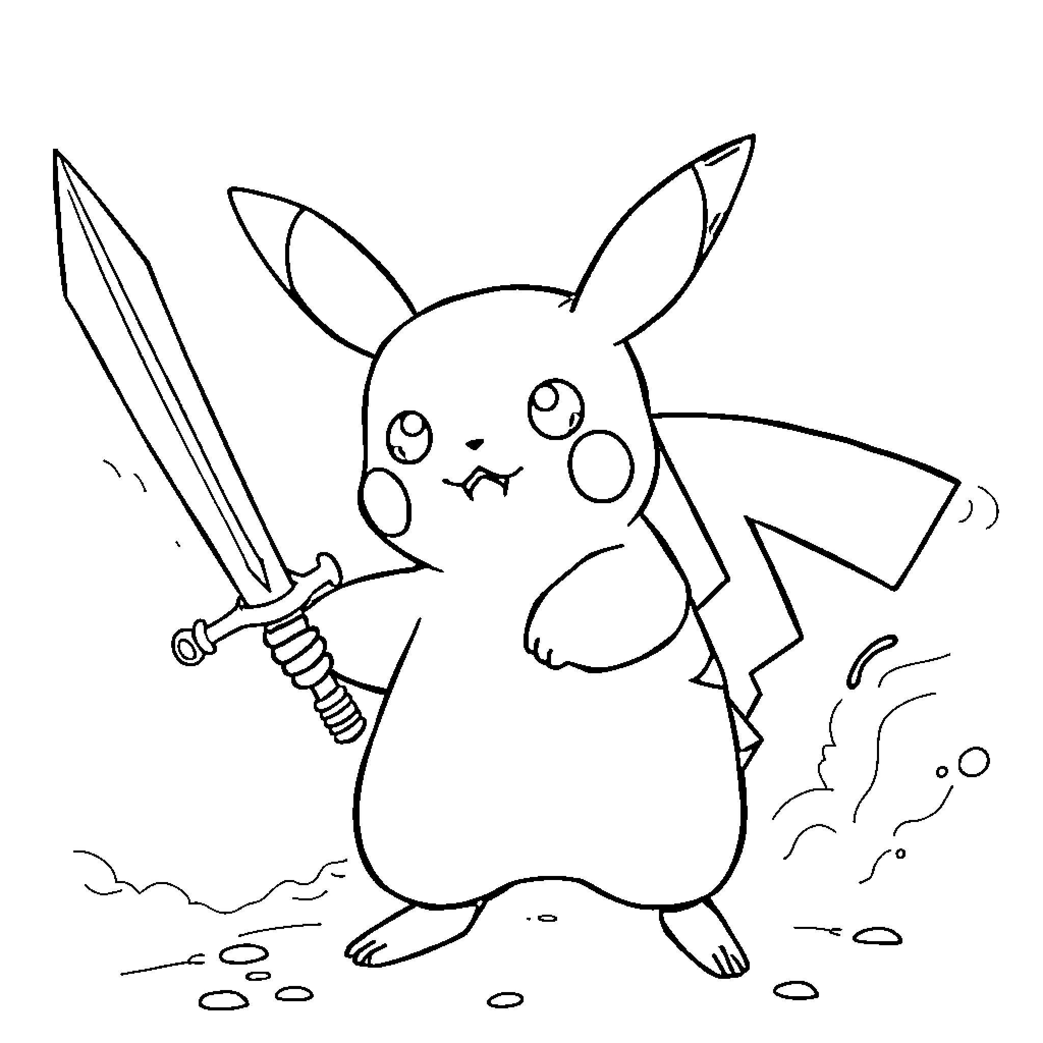 Pikachu wielding a sword in combat Coloring Page (free black-and-white line drawing printable PDF for all, from beginners to advanced learners, including children, teens, adults, and seniors)
