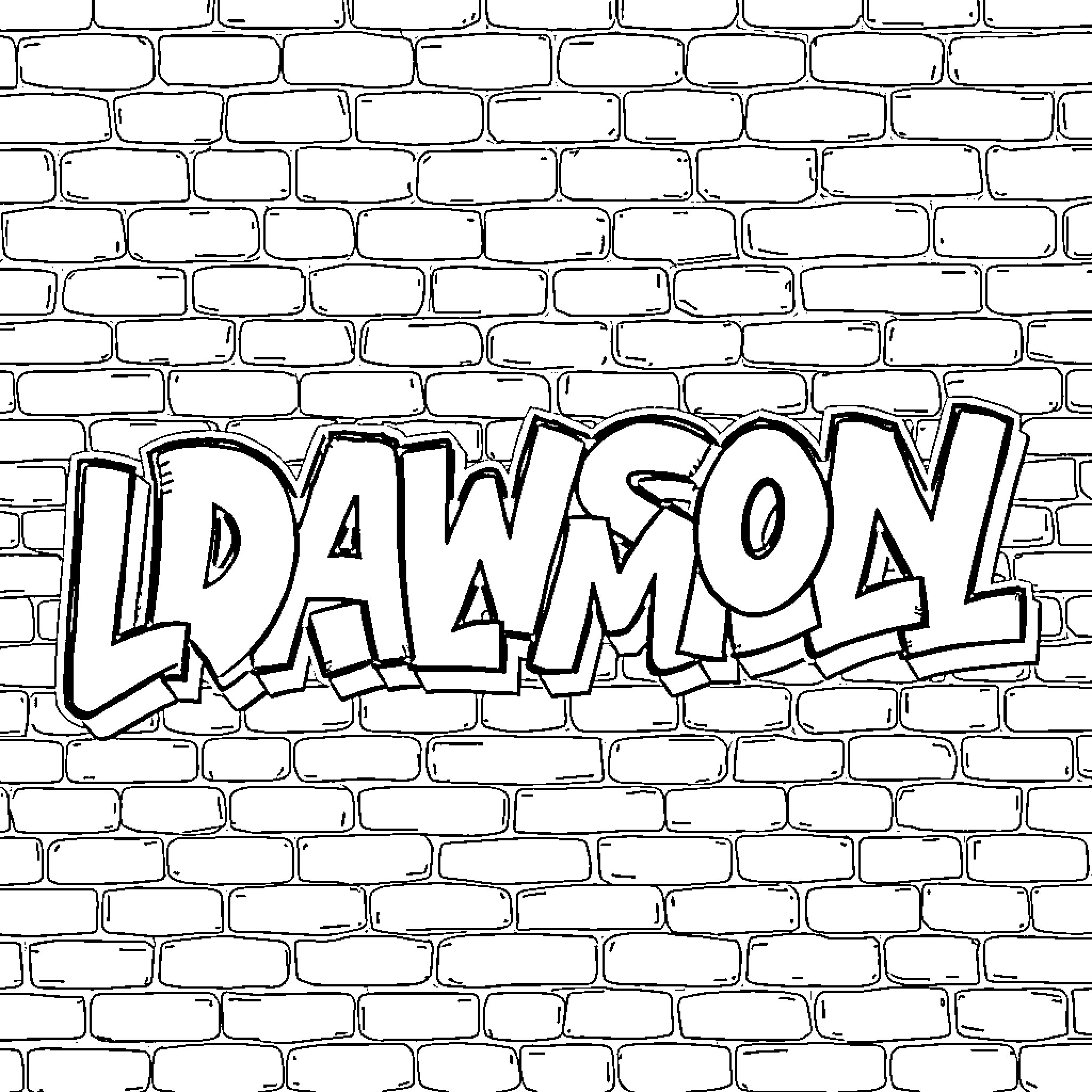 Dawson Lane Miller graffiti on brick wall Coloring Page (free black-and-white line drawing printable PDF for all, from beginners to advanced learners, including children, teens, adults, and seniors)
