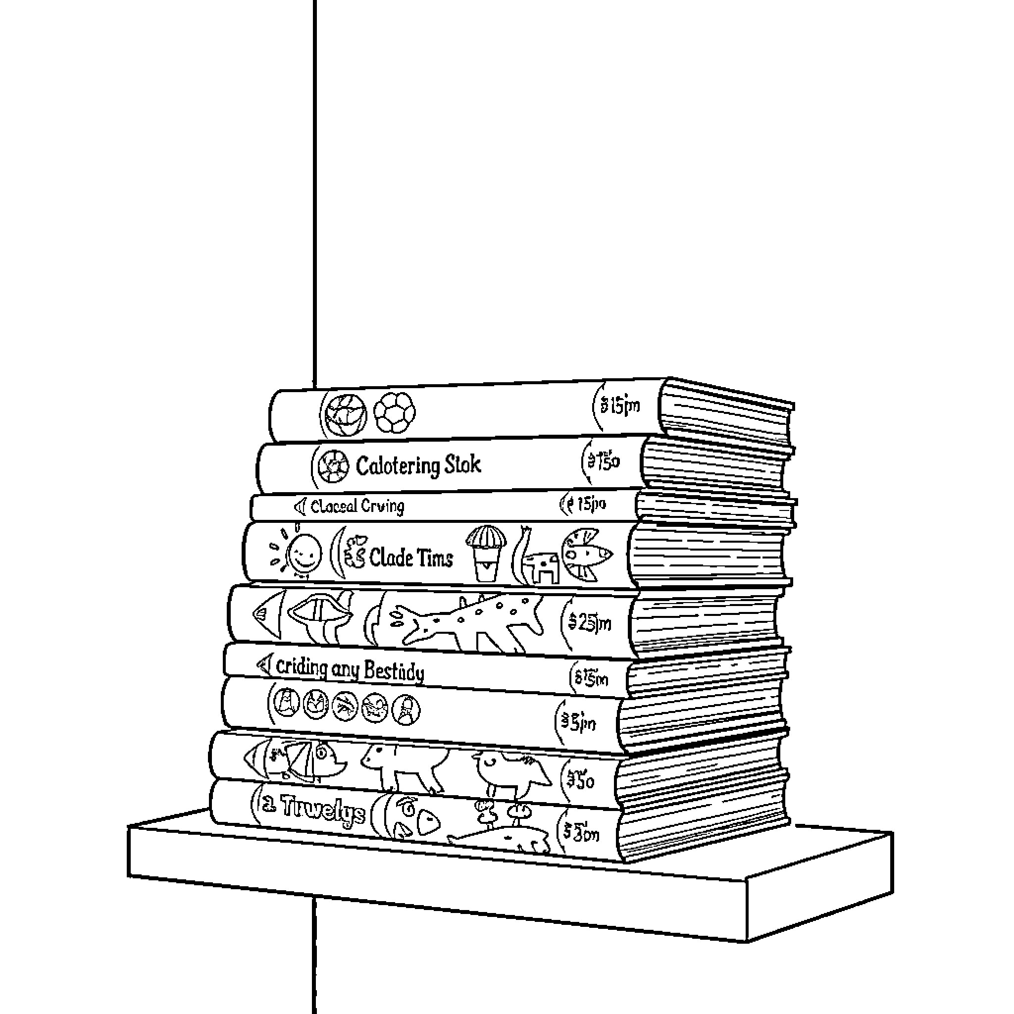 Book Stack with Various Topics Coloring Page (free black-and-white line drawing printable PDF for all, from beginners to advanced learners, including children, teens, adults, and seniors)