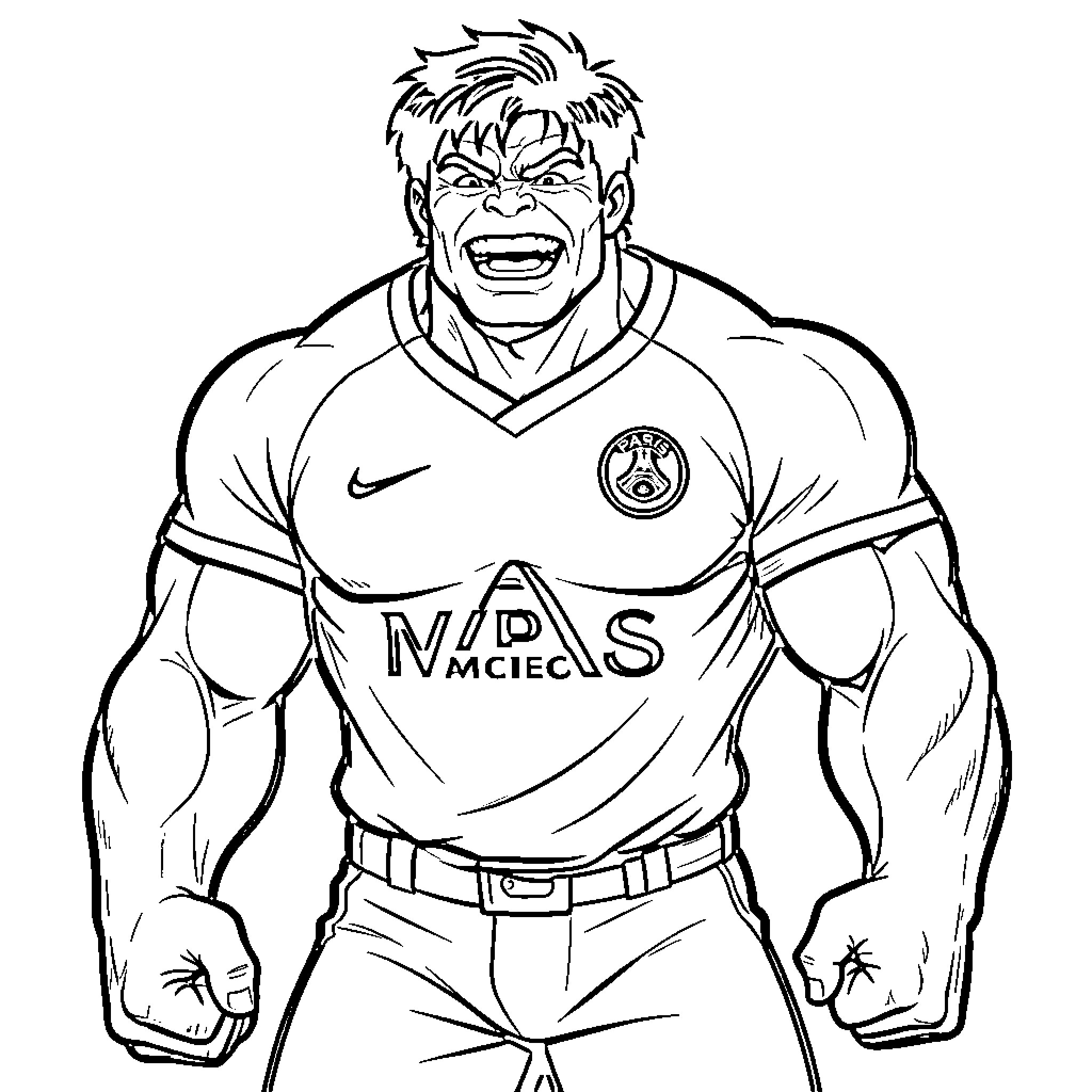 Hulk Wearing Soccer Jersey and Flexing Muscles Coloring Page (free black-and-white line drawing printable PDF for all, from beginners to advanced learners, including children, teens, adults, and seniors)