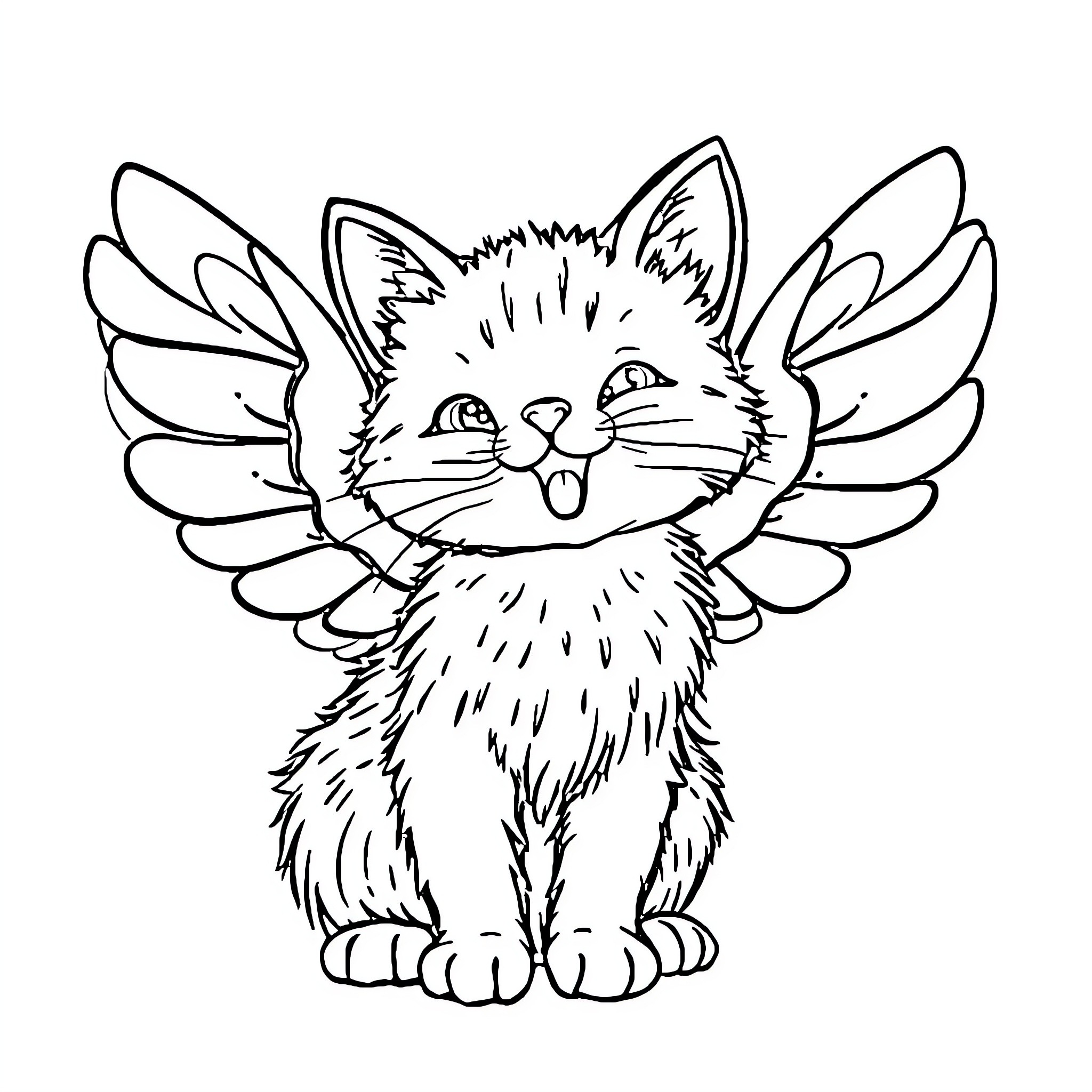Cat with wings showing happy expression Coloring Page (free black-and-white line drawing printable PDF for all, from beginners to advanced learners, including children, teens, adults, and seniors)