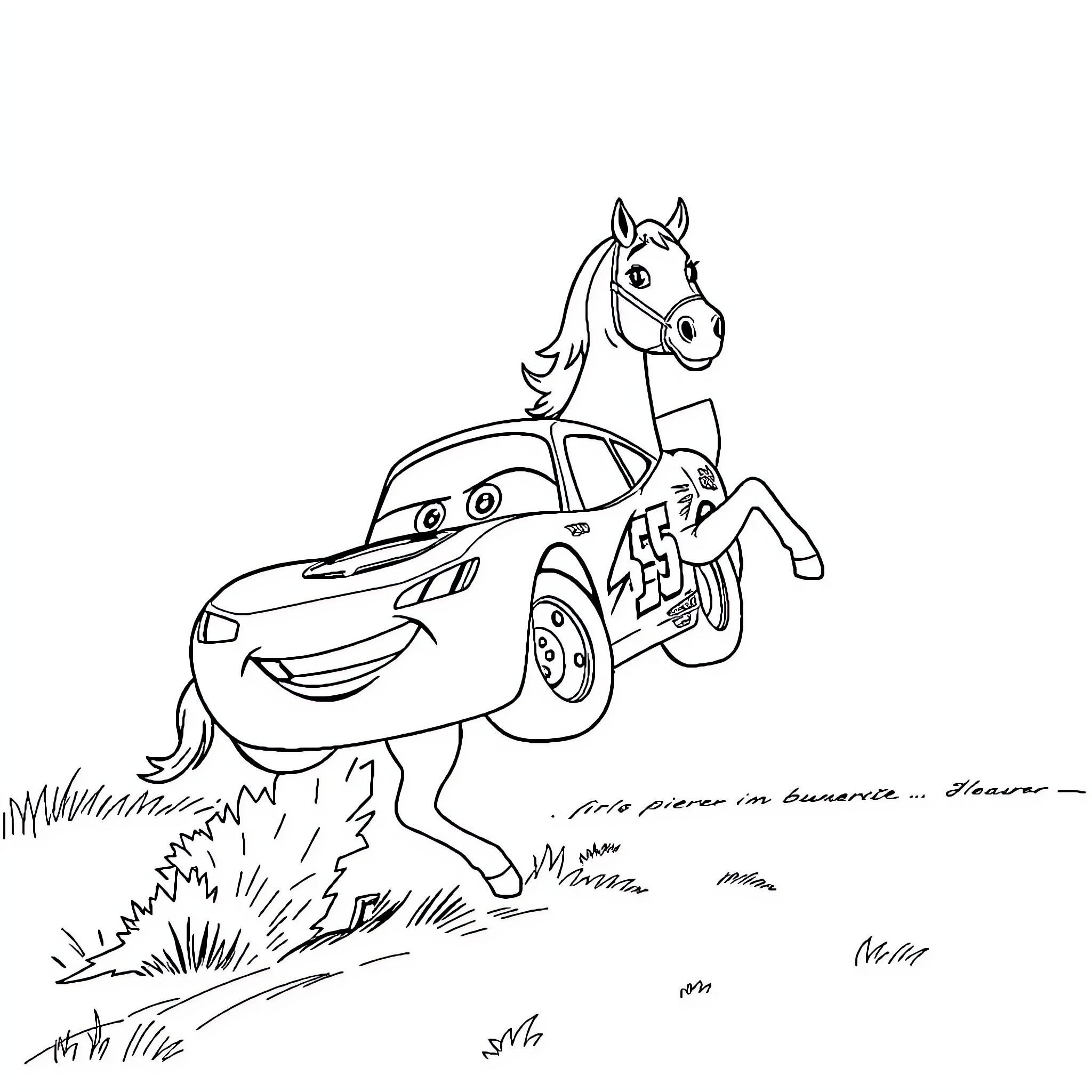 Flash McQueen racing with his horse companion Coloring Page (free black-and-white line drawing printable PDF for all, from beginners to advanced learners, including children, teens, adults, and seniors)