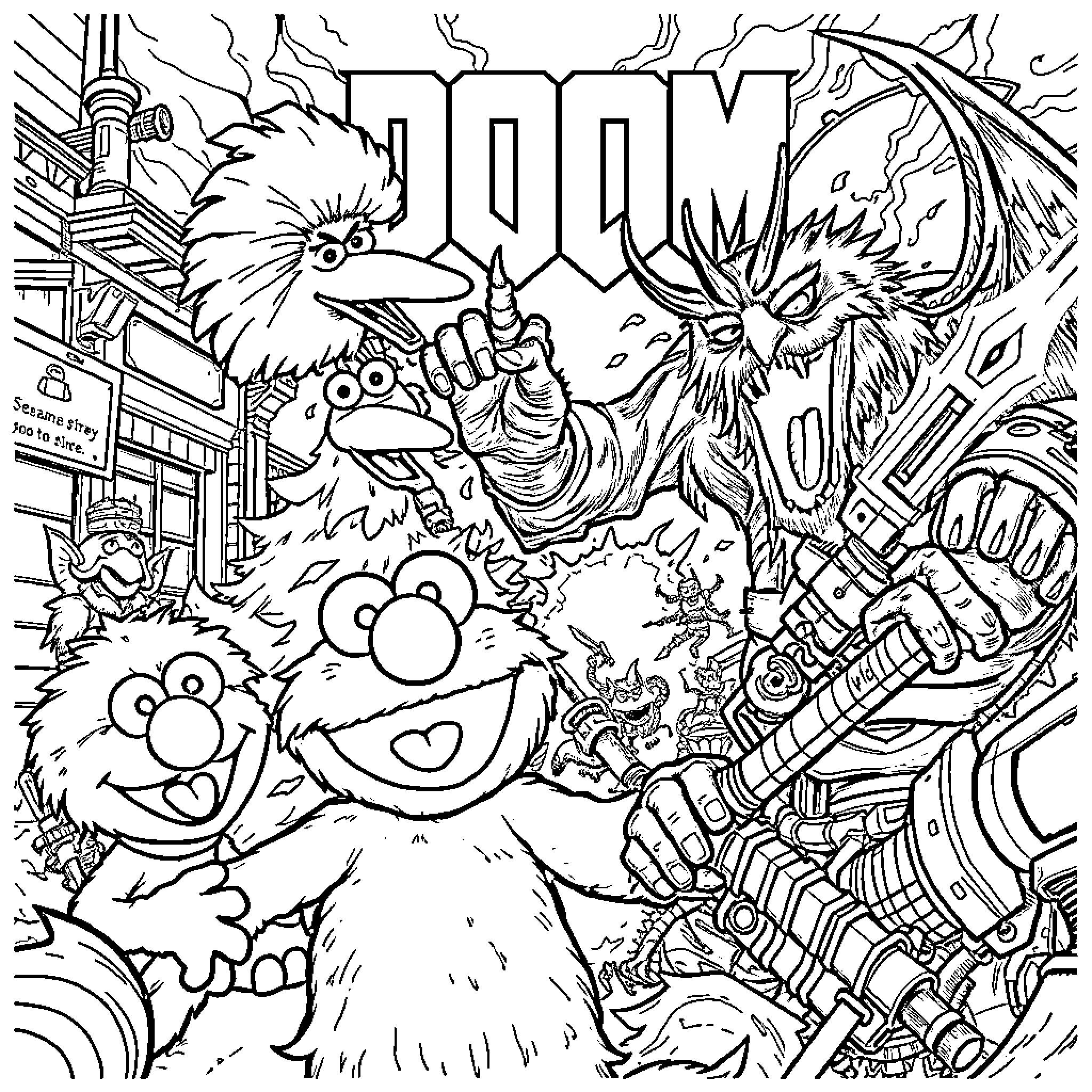 Sesame Street characters in an action-packed scene Coloring Page (free black-and-white line drawing printable PDF for all, from beginners to advanced learners, including children, teens, adults, and seniors)