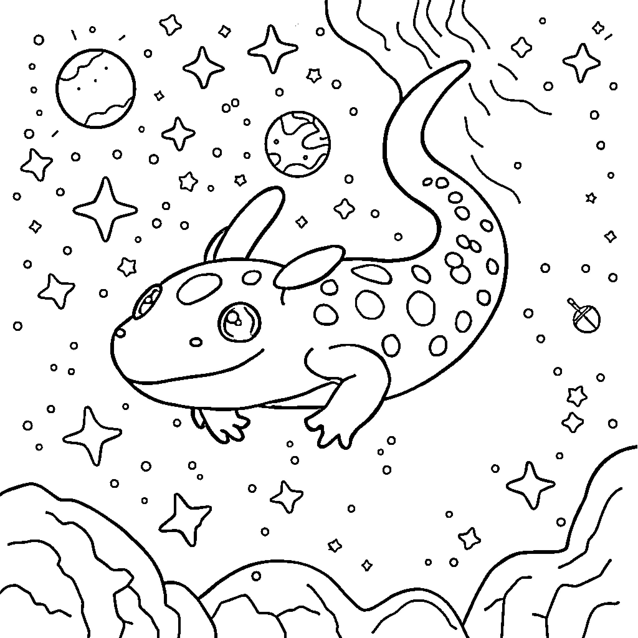 Axolotl playing in the starry night Coloring Page (free black-and-white line drawing printable PDF for all, from beginners to advanced learners, including children, teens, adults, and seniors)