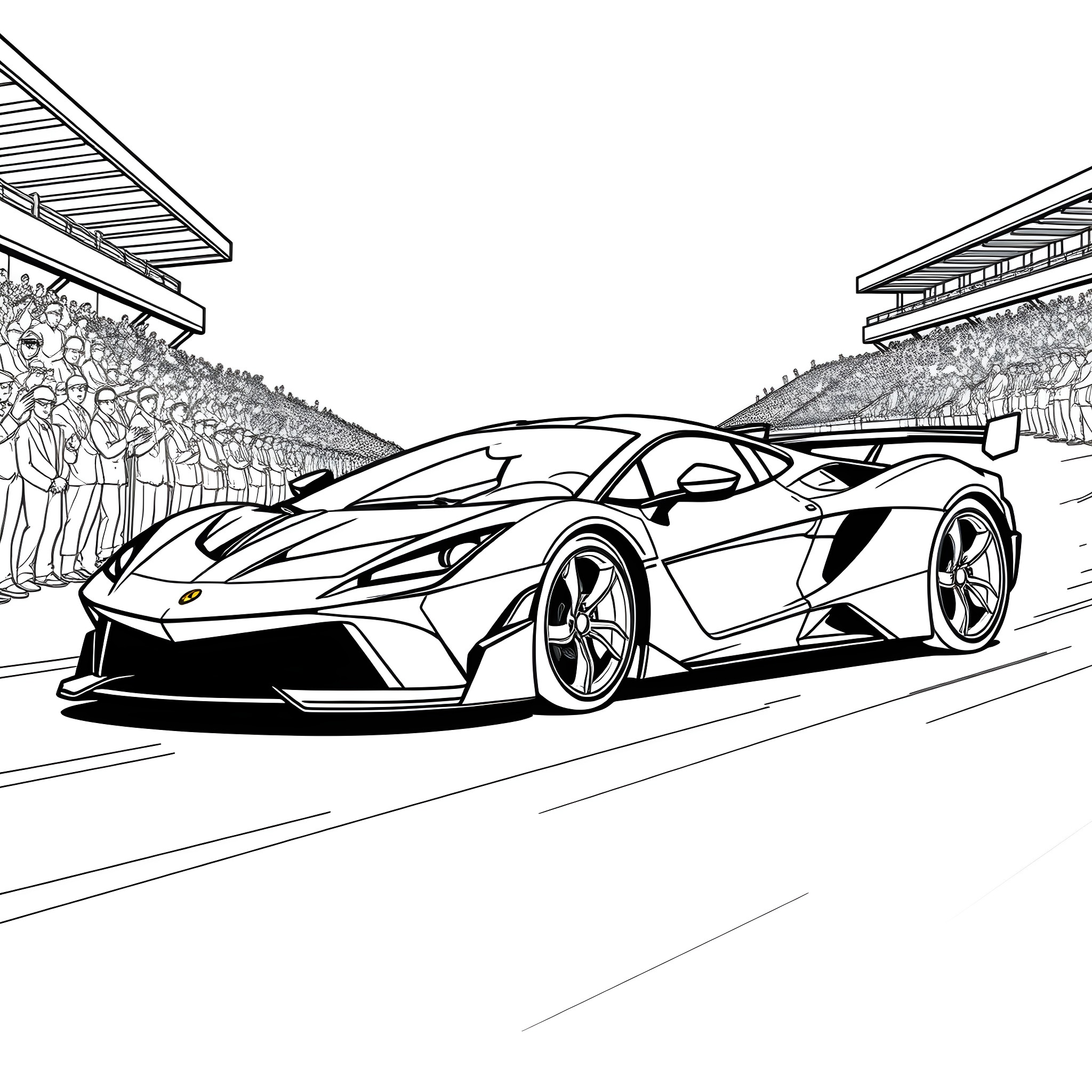 Sports Car Racing on Track with Spectators Coloring Page (free black-and-white line drawing printable PDF for all, from beginners to advanced learners, including children, teens, adults, and seniors)