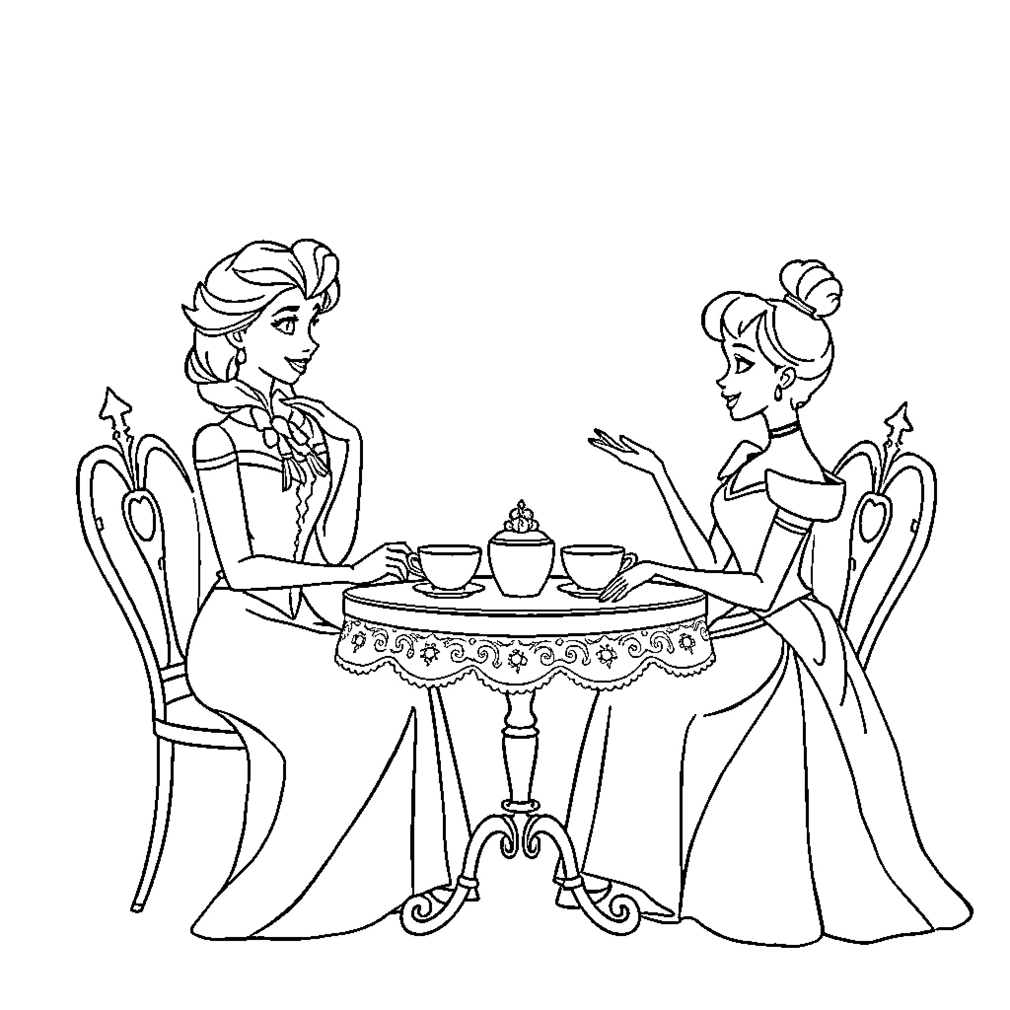 Elsa and Anna enjoying tea time together Coloring Page (free black-and-white line drawing printable PDF for all, from beginners to advanced learners, including children, teens, adults, and seniors)