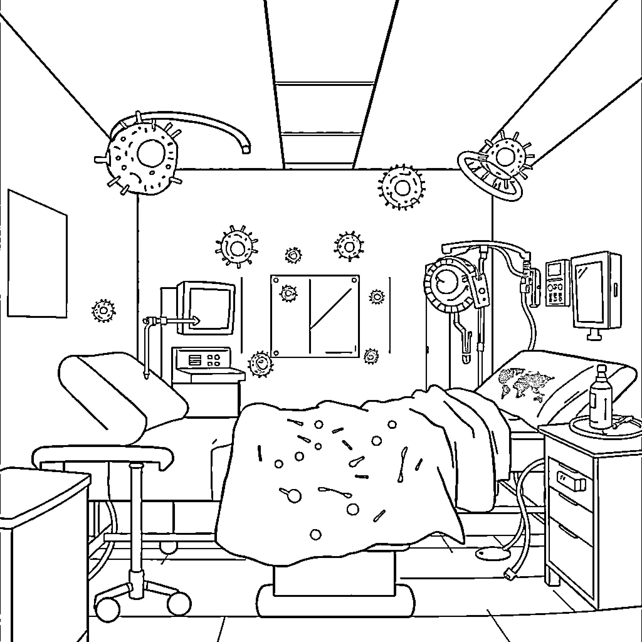 Chemotherapy treatment in a medical setting Coloring Page (free black-and-white line drawing printable PDF for all, from beginners to advanced learners, including children, teens, adults, and seniors)