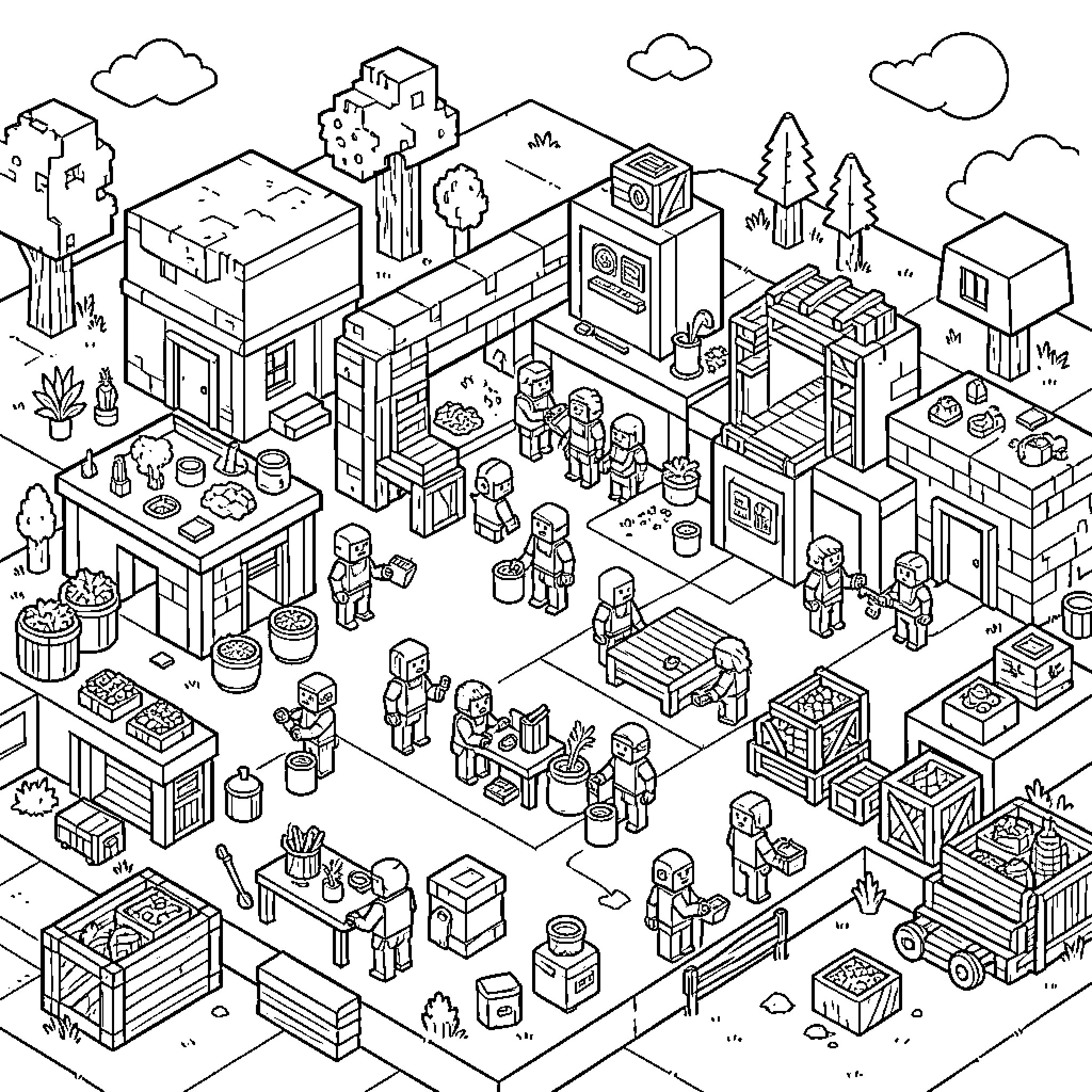 Minecraft characters interacting in a busy village scene Coloring Page (free black-and-white line drawing printable PDF for all, from beginners to advanced learners, including children, teens, adults, and seniors)