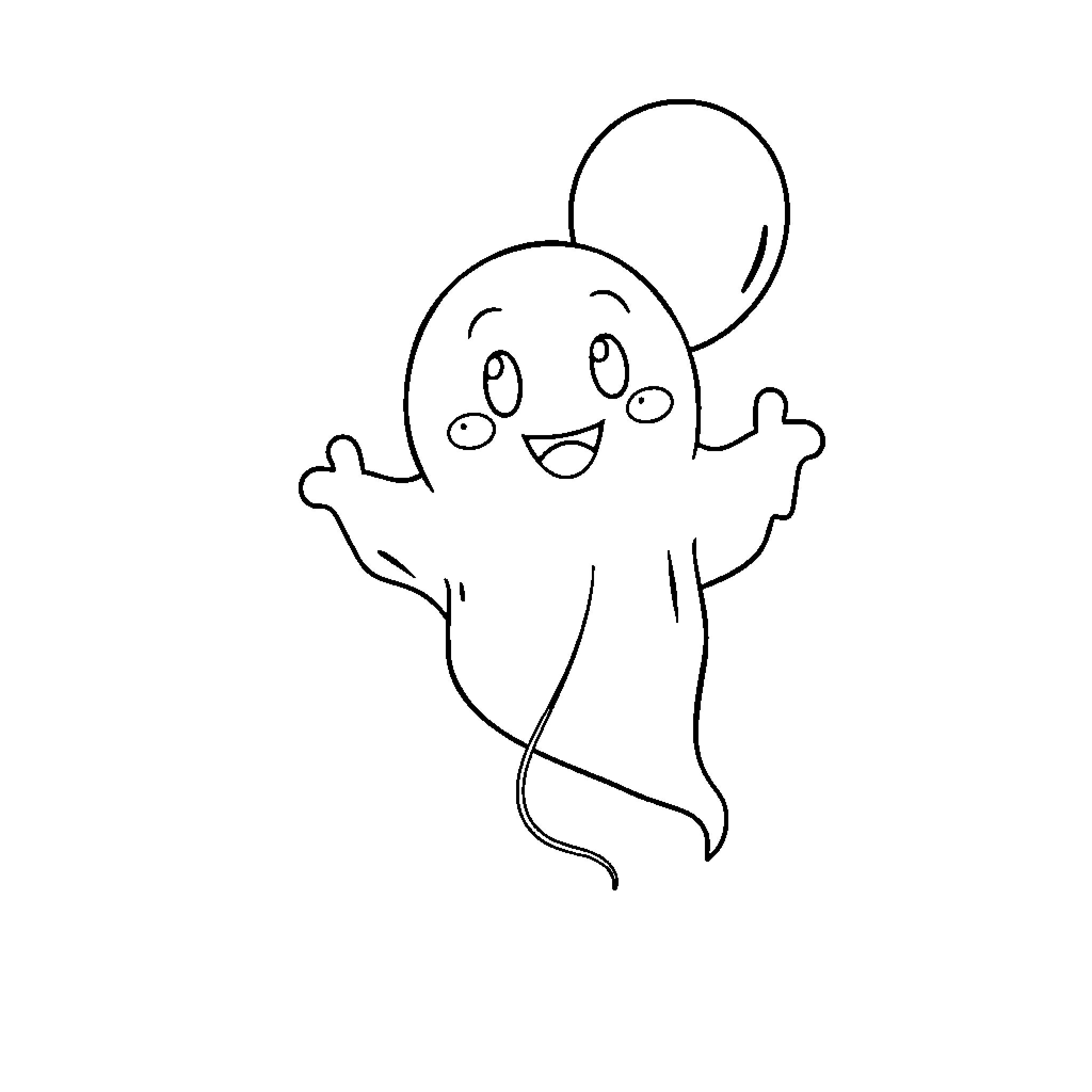 Ghost character with happy expression Coloring Page (free black-and-white line drawing printable PDF for all, from beginners to advanced learners, including children, teens, adults, and seniors)