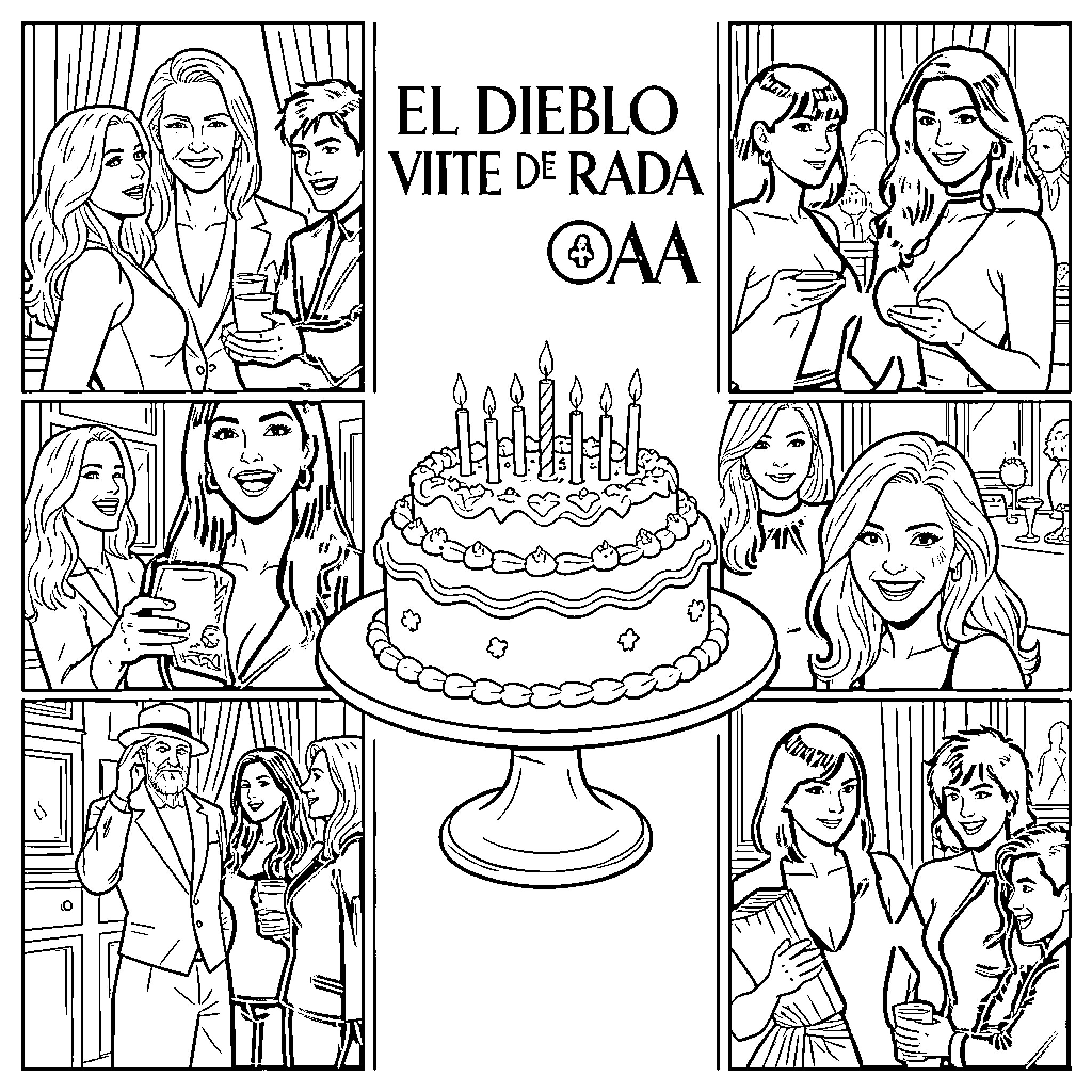 Diablo celebrating with people and a birthday cake Coloring Page (free black-and-white line drawing printable PDF for all, from beginners to advanced learners, including children, teens, adults, and seniors)