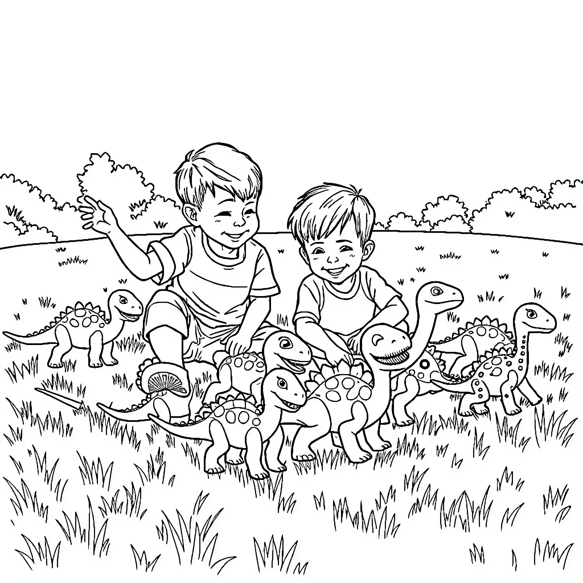 Boy playing with toy dinosaurs in the park Coloring Page (free black-and-white line drawing printable PDF for all, from beginners to advanced learners, including children, teens, adults, and seniors)