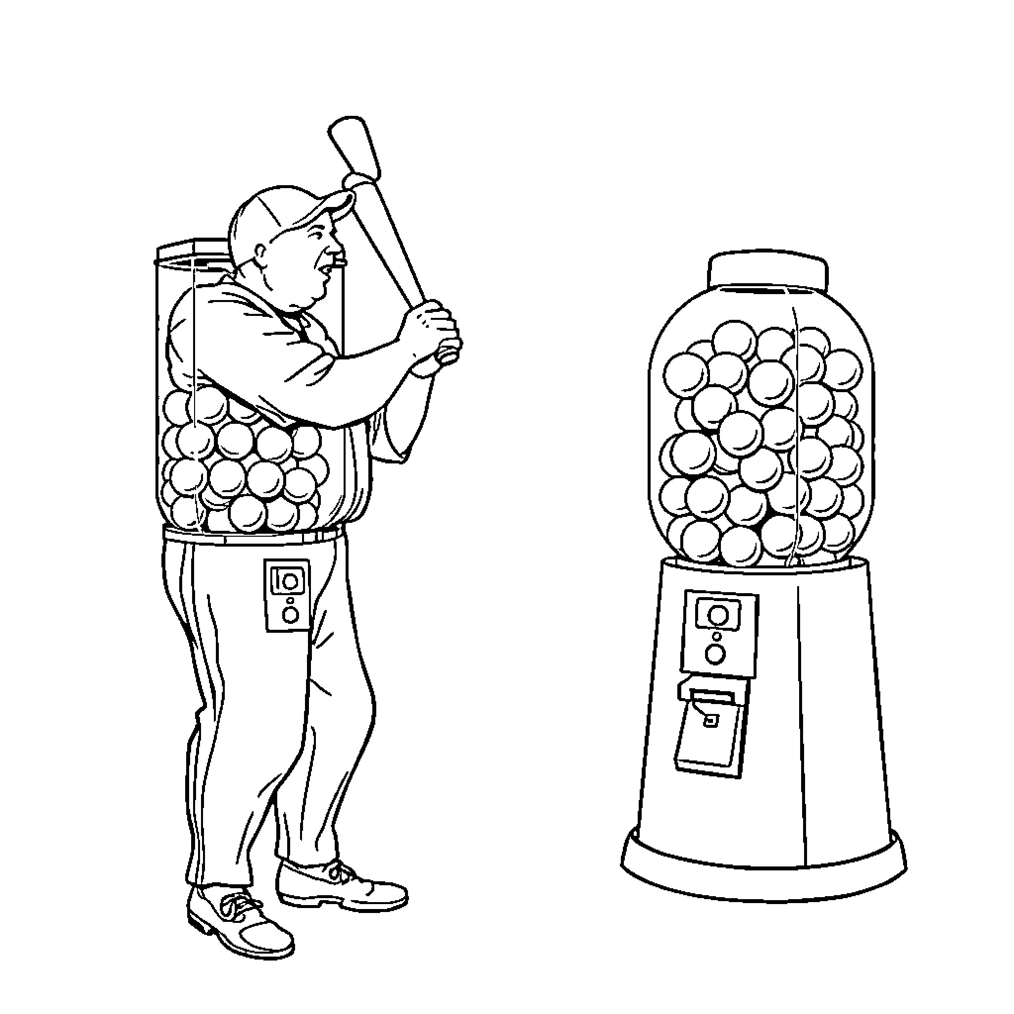 Babe Ruth playing with vintage gumball machine Coloring Page (free black-and-white line drawing printable PDF for all, from beginners to advanced learners, including children, teens, adults, and seniors)