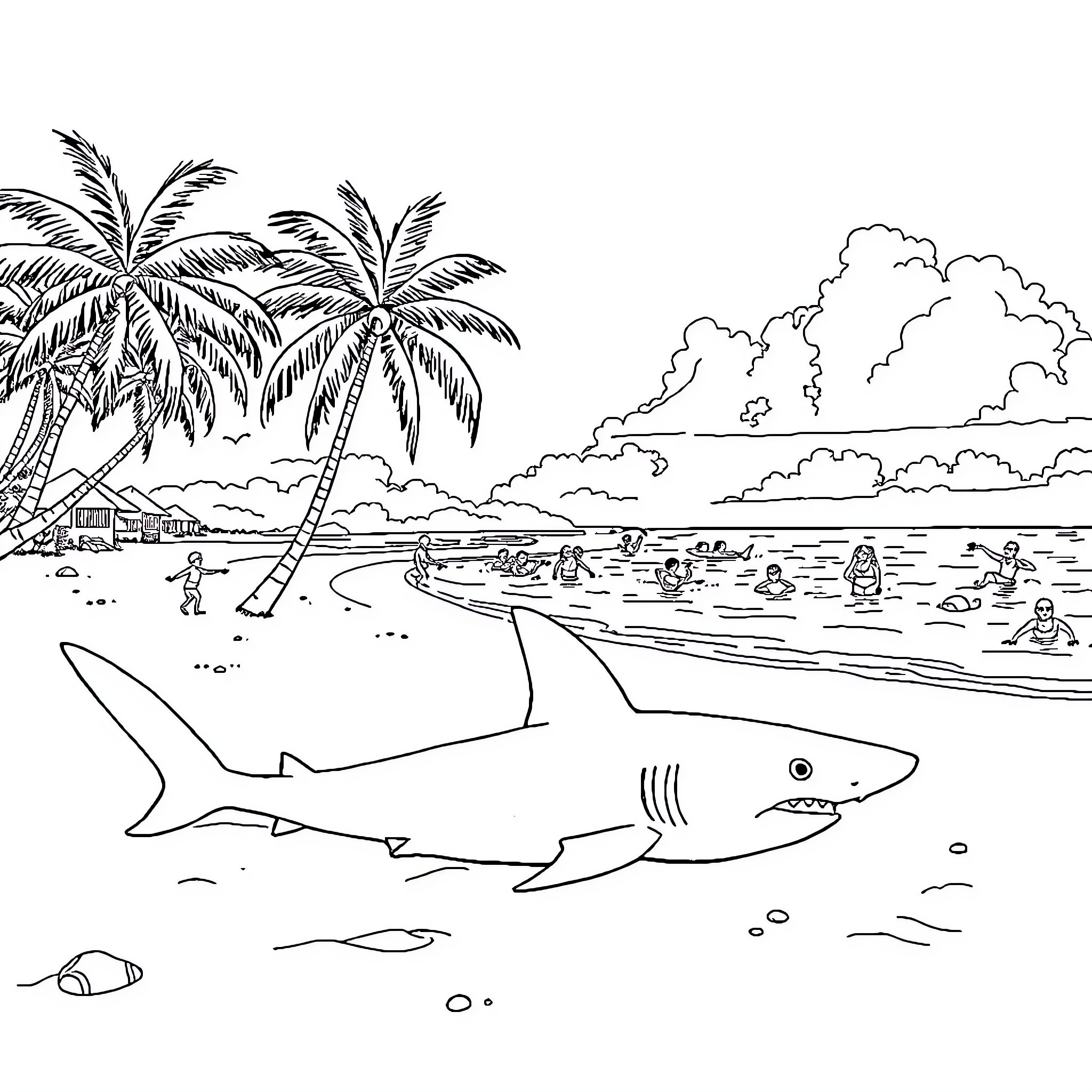 Shark swimming in tropical beach scene Coloring Page (free black-and-white line drawing printable PDF for all, from beginners to advanced learners, including children, teens, adults, and seniors)