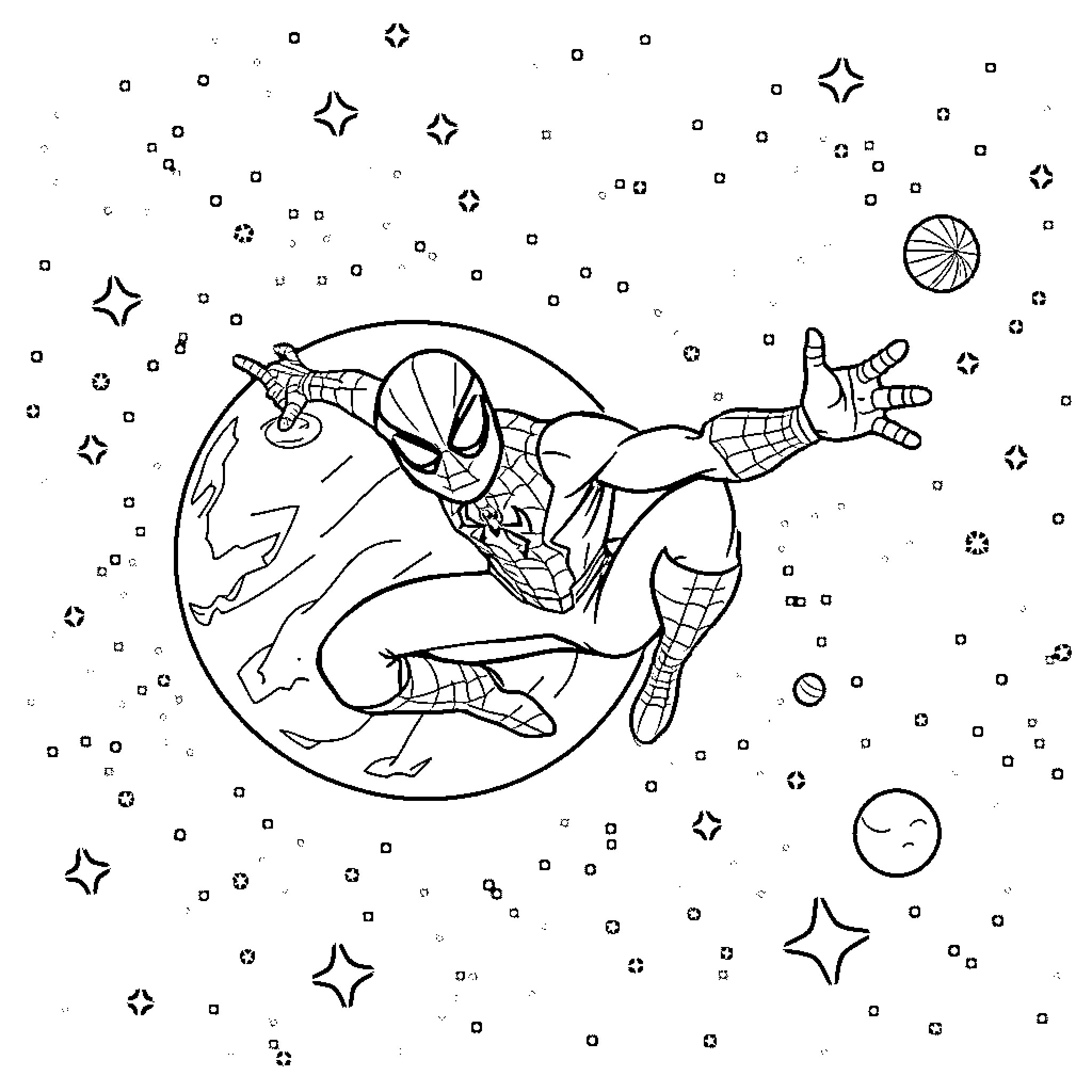 Spiderman swinging through a starry night sky Coloring Page (free black-and-white line drawing printable PDF for all, from beginners to advanced learners, including children, teens, adults, and seniors)
