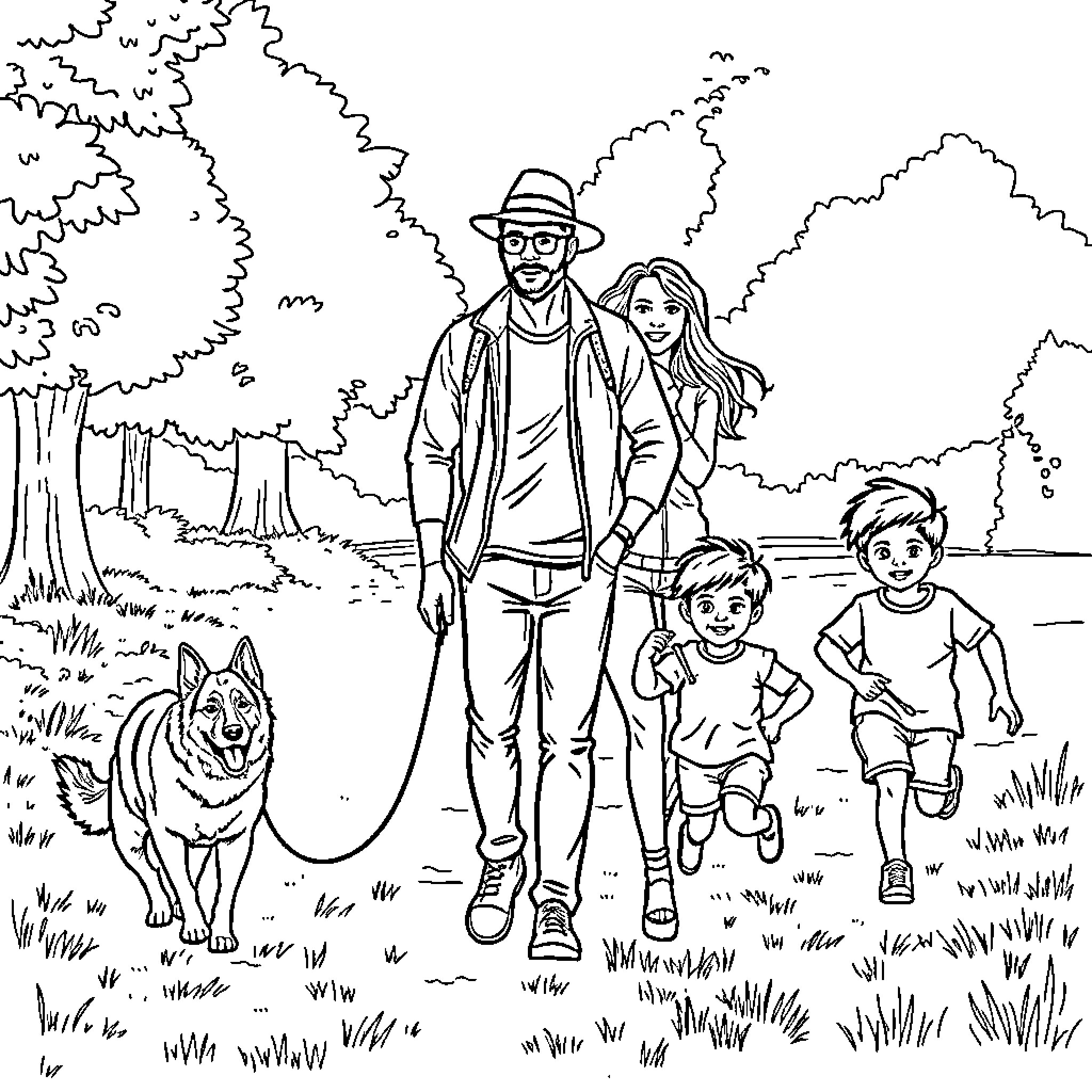 Man taking a walk in the park with family Coloring Page (free black-and-white line drawing printable PDF for all, from beginners to advanced learners, including children, teens, adults, and seniors)