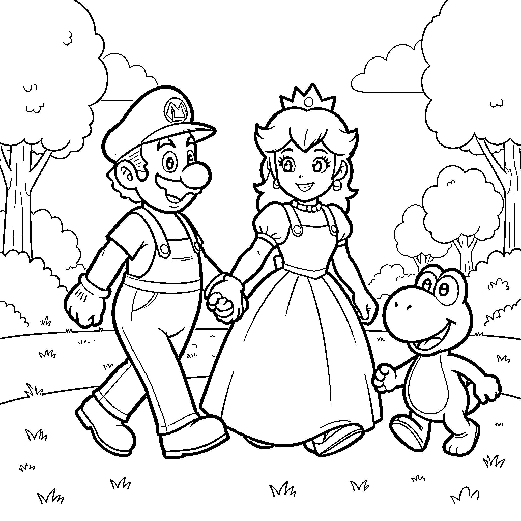 Mario holding hands with Peach and walking with Yoshi Coloring Page (free black-and-white line drawing printable PDF for all, from beginners to advanced learners, including children, teens, adults, and seniors)