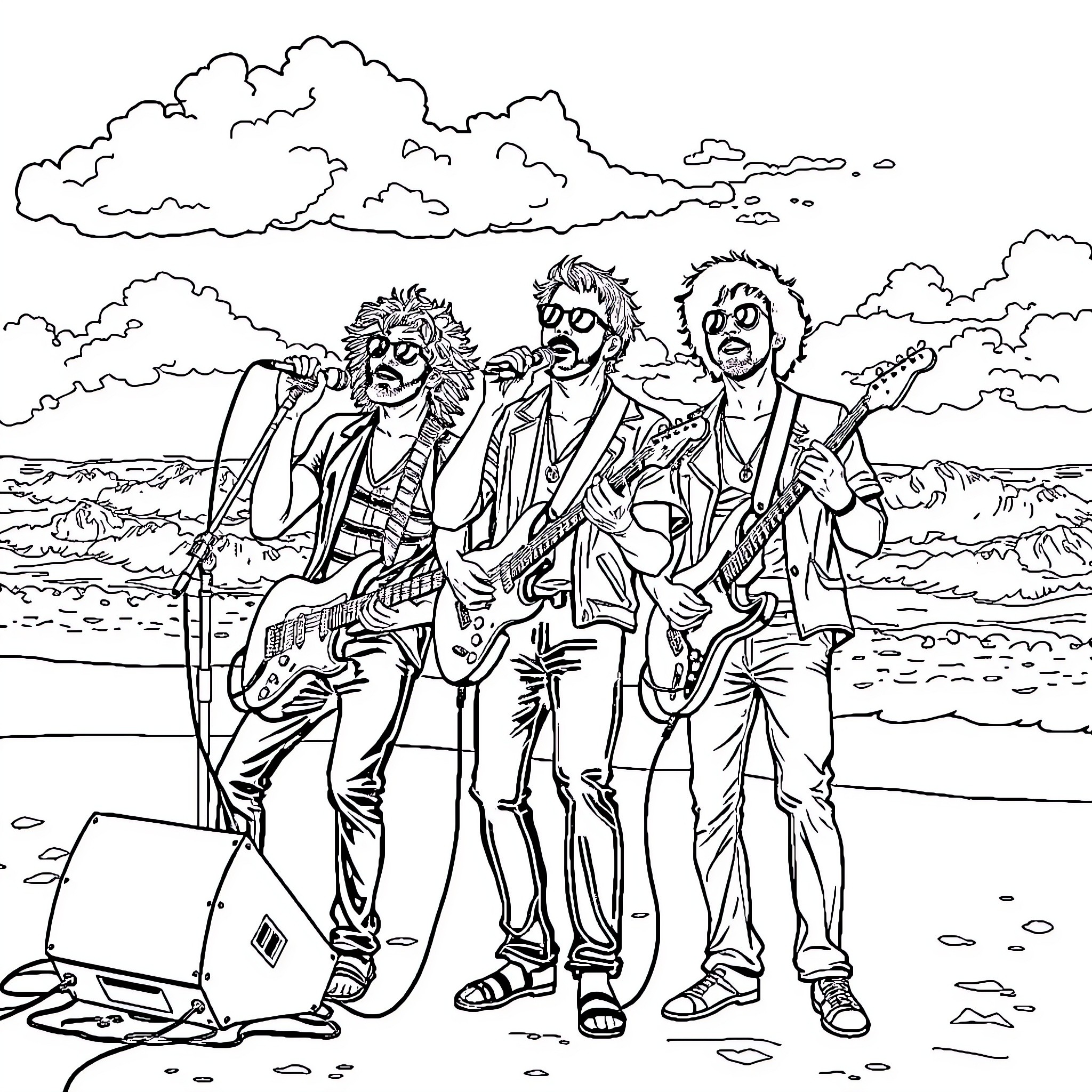 Beastie Boys performing on the beach Coloring Page (free black-and-white line drawing printable PDF for all, from beginners to advanced learners, including children, teens, adults, and seniors)