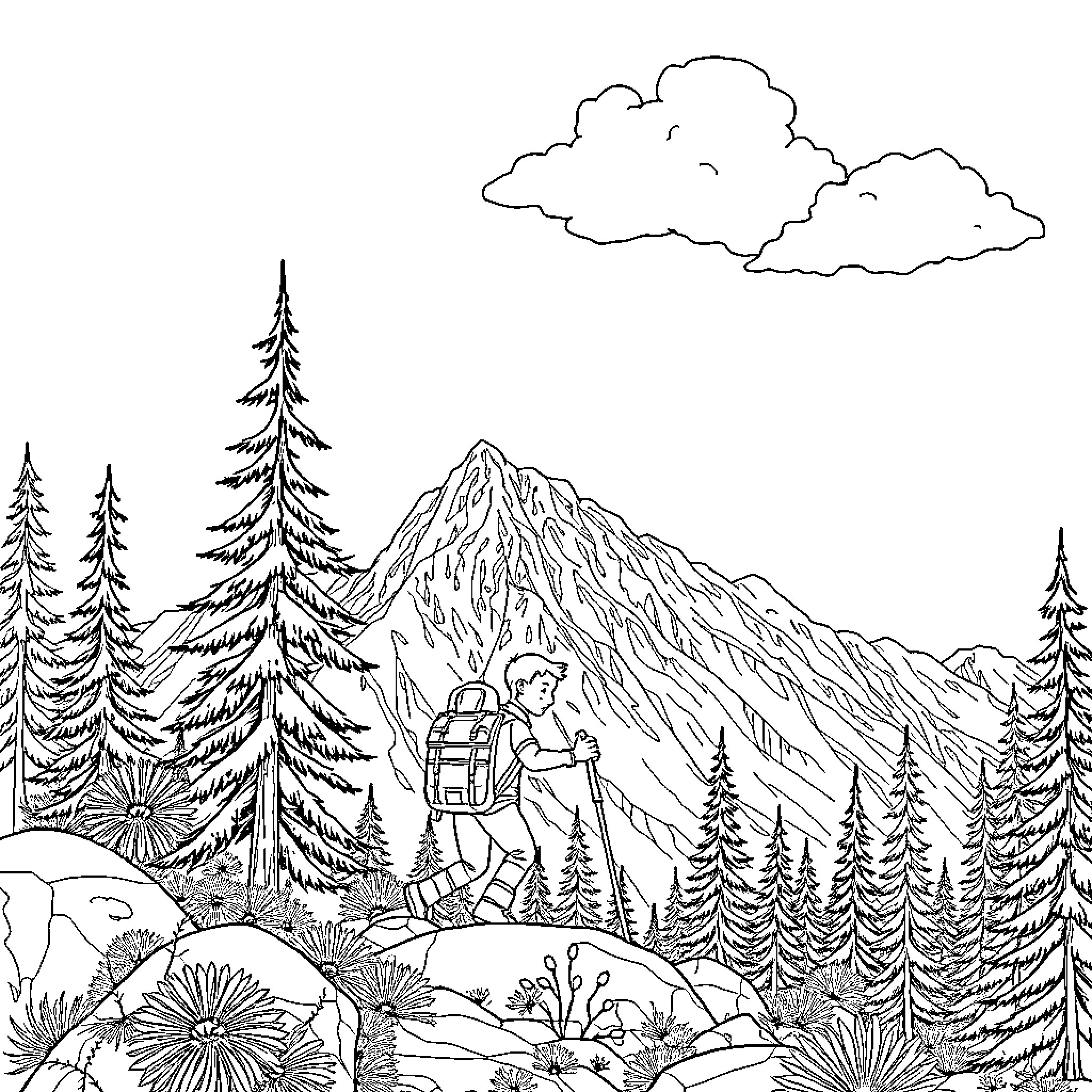 Billy la Bufanda's Mountain Adventure Coloring Page (free black-and-white line drawing printable PDF for all, from beginners to advanced learners, including children, teens, adults, and seniors)