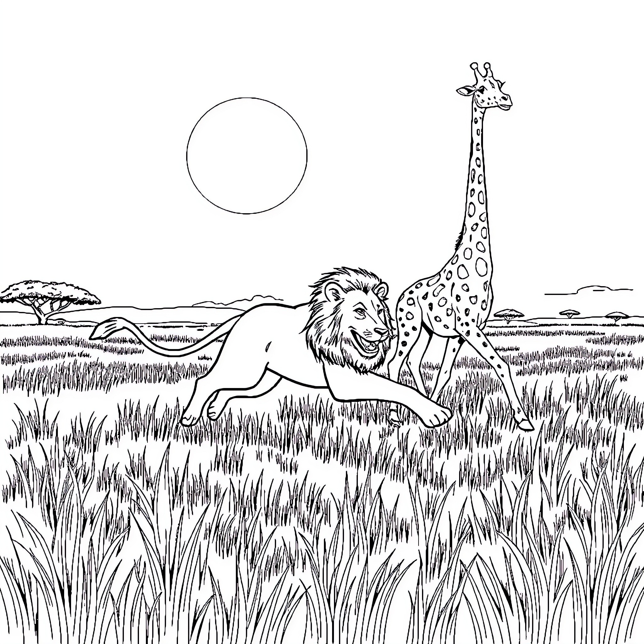 Lion and giraffe roaming in the savanna Coloring Page (free black-and-white line drawing printable PDF for all, from beginners to advanced learners, including children, teens, adults, and seniors)