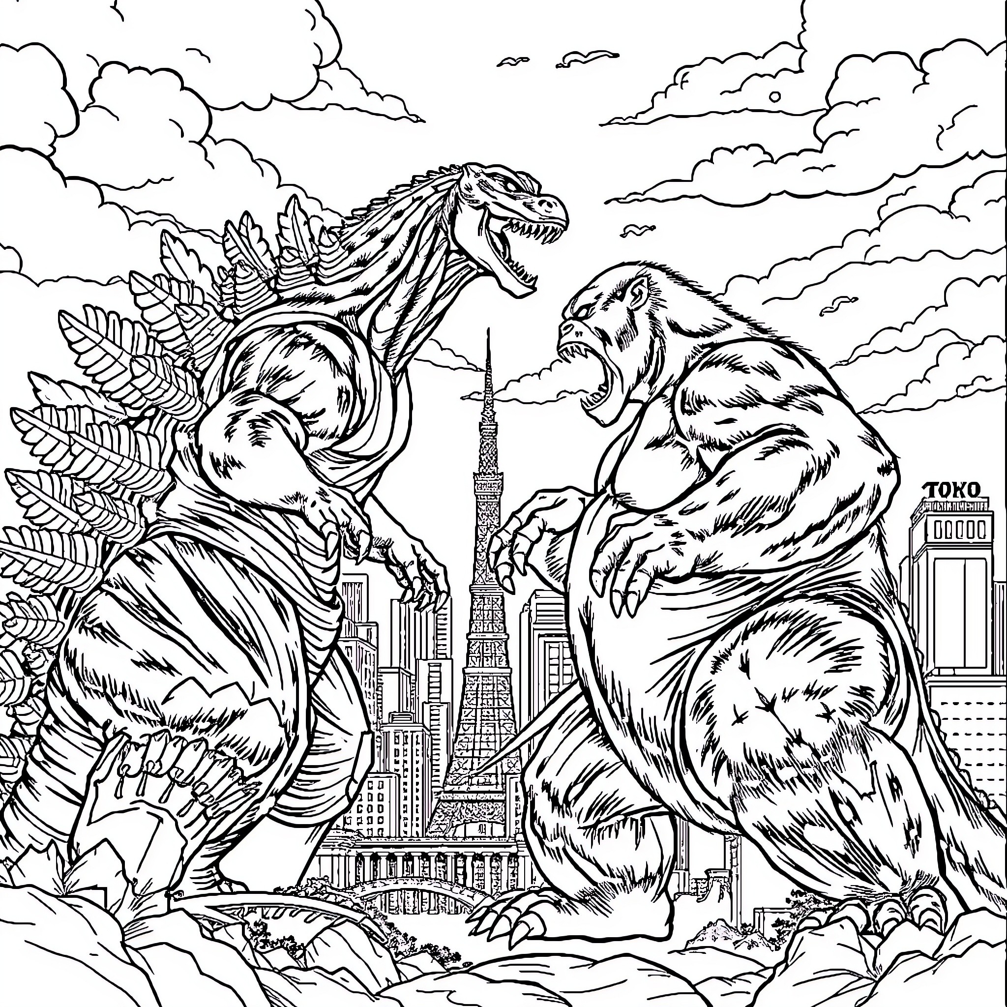 Godzilla battling a giant monster in the city Coloring Page (free black-and-white line drawing printable PDF for all, from beginners to advanced learners, including children, teens, adults, and seniors)