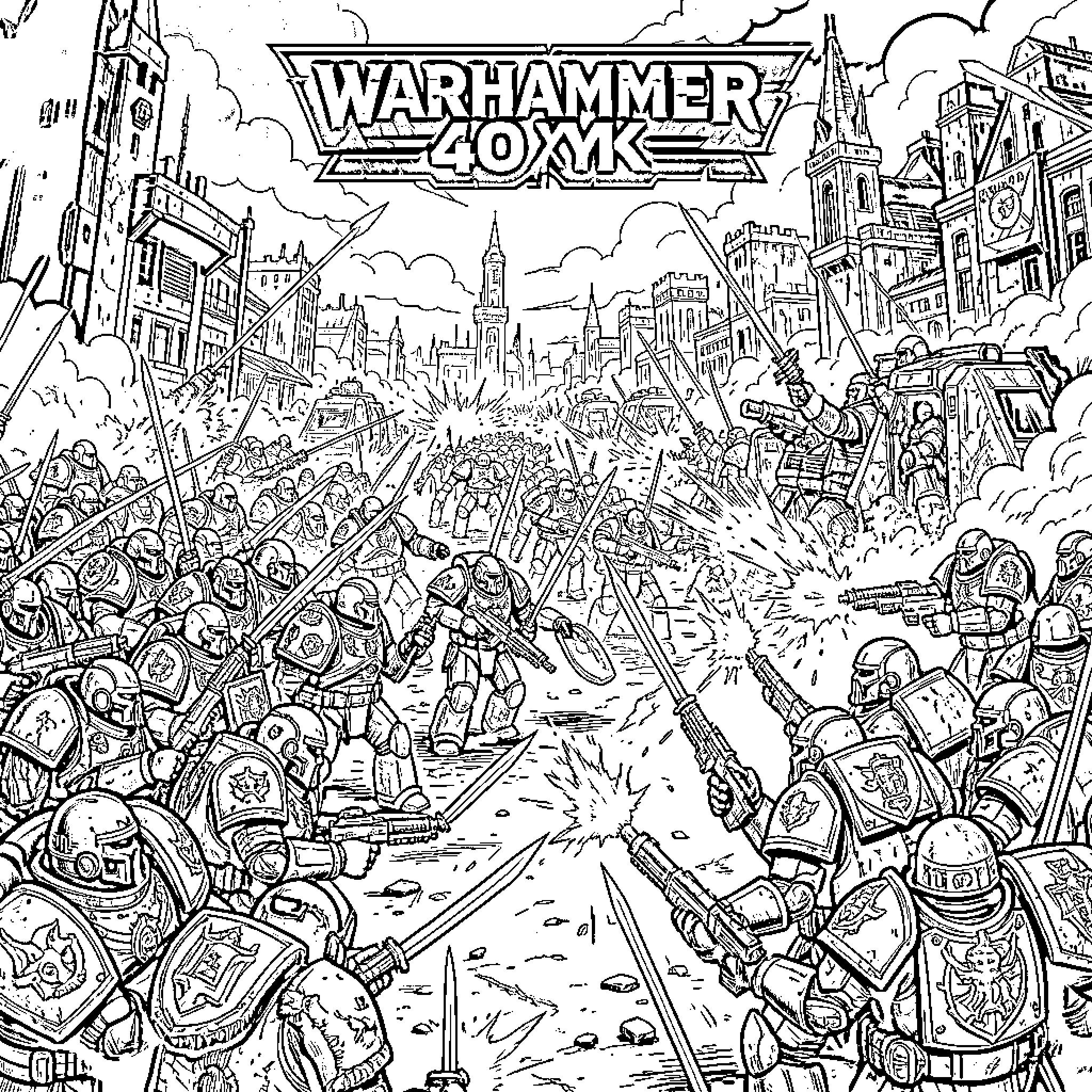 Warhammer 40xk: Chaotic Battle Scene in Futuristic City Coloring Page (free black-and-white line drawing printable PDF for all, from beginners to advanced learners, including children, teens, adults, and seniors)