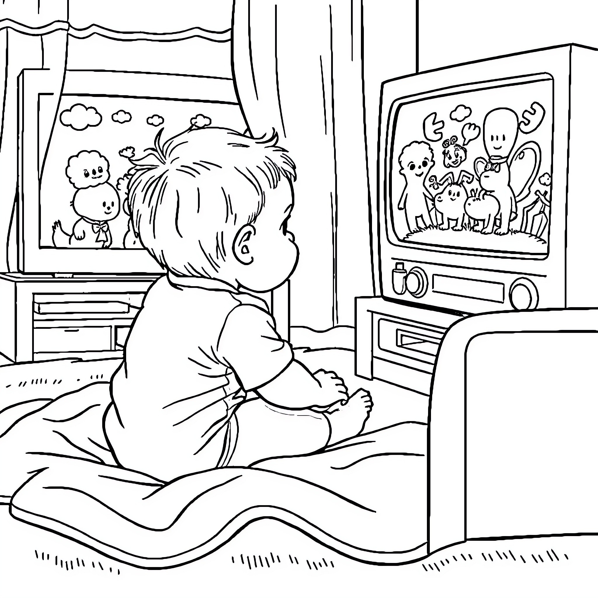 Baby watching TV with cuddly friends Coloring Page (free black-and-white line drawing printable PDF for all, from beginners to advanced learners, including children, teens, adults, and seniors)
