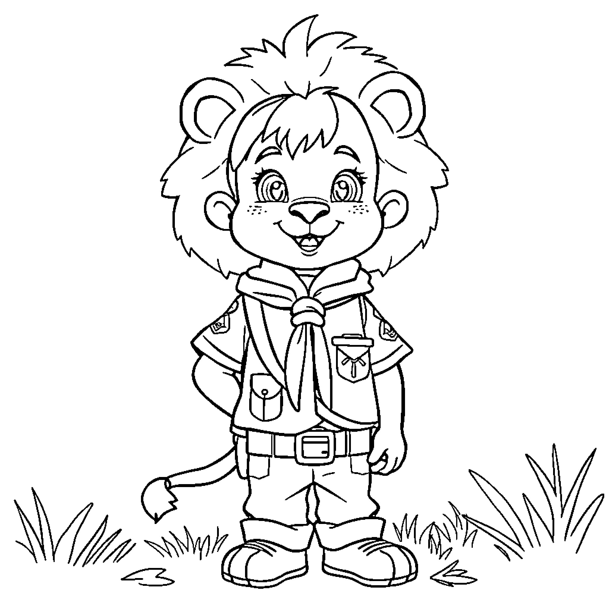 Lion cub in hiking outfit exploring the wilderness Coloring Page (free black-and-white line drawing printable PDF for all, from beginners to advanced learners, including children, teens, adults, and seniors)