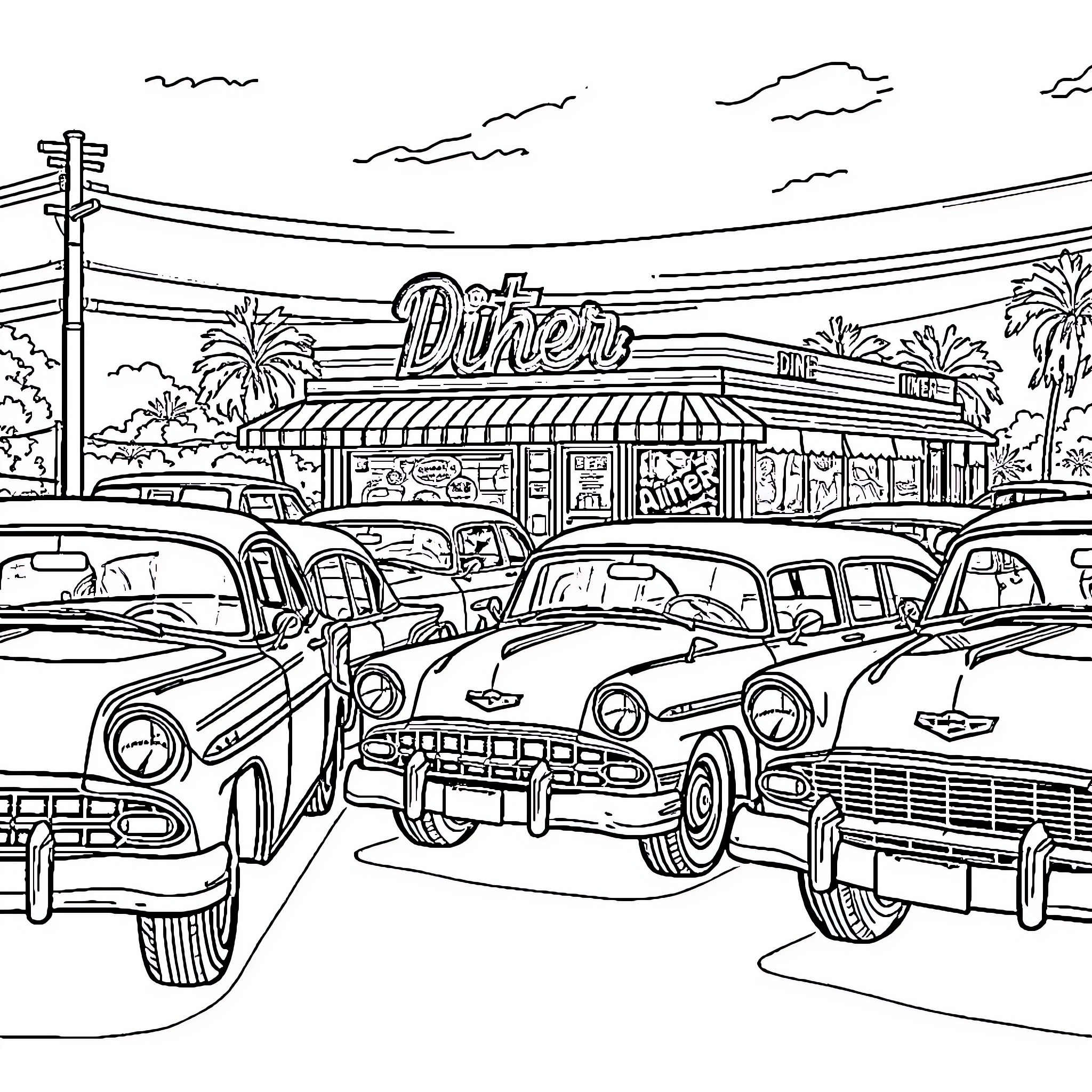 Car Diner Vintage Vehicles Retro Scene Coloring Page (free black-and-white line drawing printable PDF for all, from beginners to advanced learners, including children, teens, adults, and seniors)
