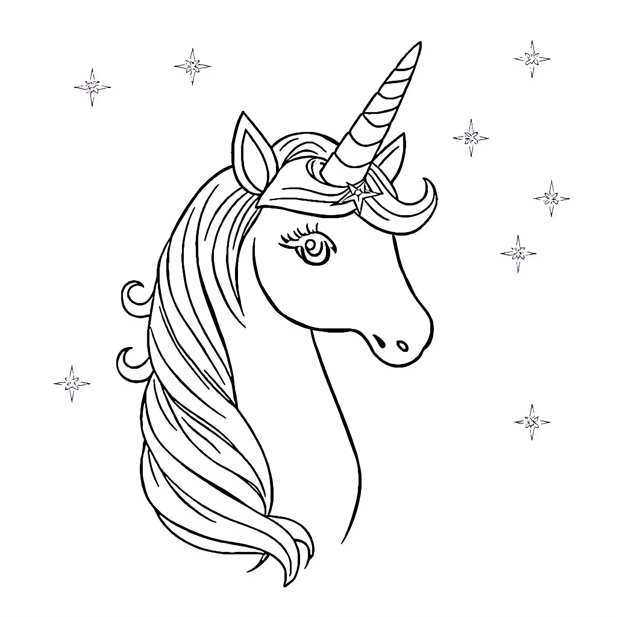 Unicorn with magical stars in the night sky Coloring Page (free black-and-white line drawing printable PDF for all, from beginners to advanced learners, including children, teens, adults, and seniors)
