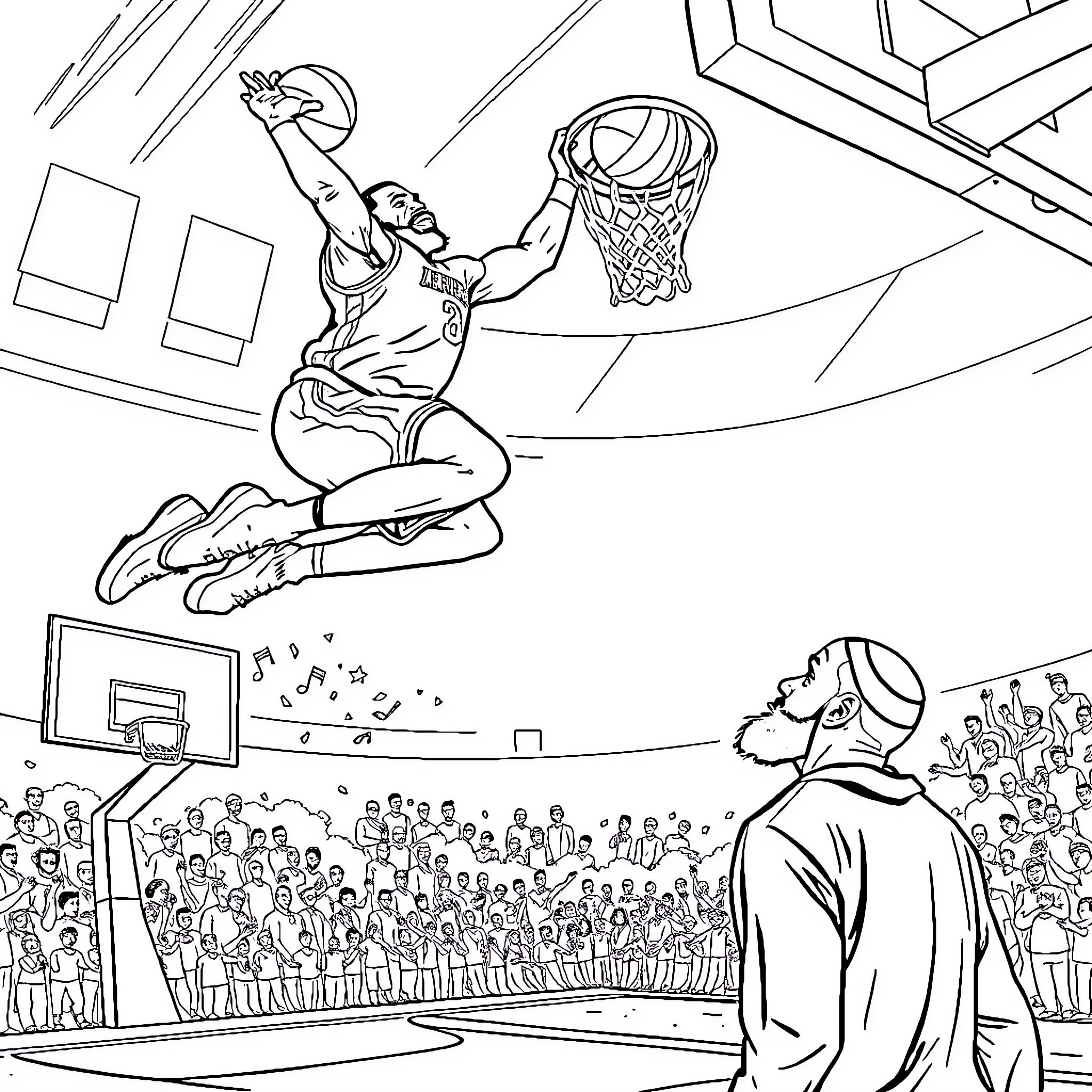LeBron's Soaring Slam Dunk Performance Coloring Page (free black-and-white line drawing printable PDF for all, from beginners to advanced learners, including children, teens, adults, and seniors)