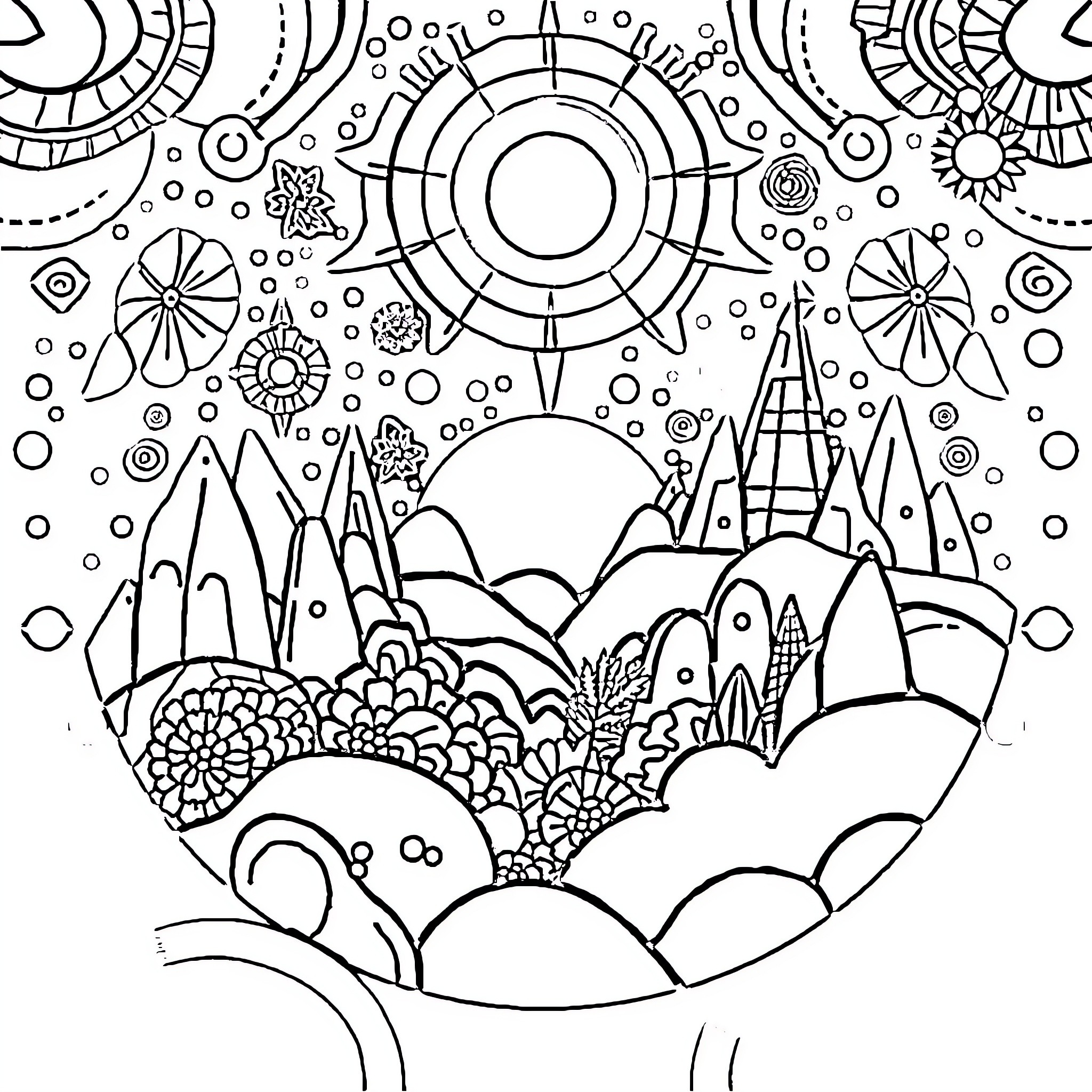 Graphic Celestial Landscape with Geometric Patterns Coloring Page (free black-and-white line drawing printable PDF for all, from beginners to advanced learners, including children, teens, adults, and seniors)
