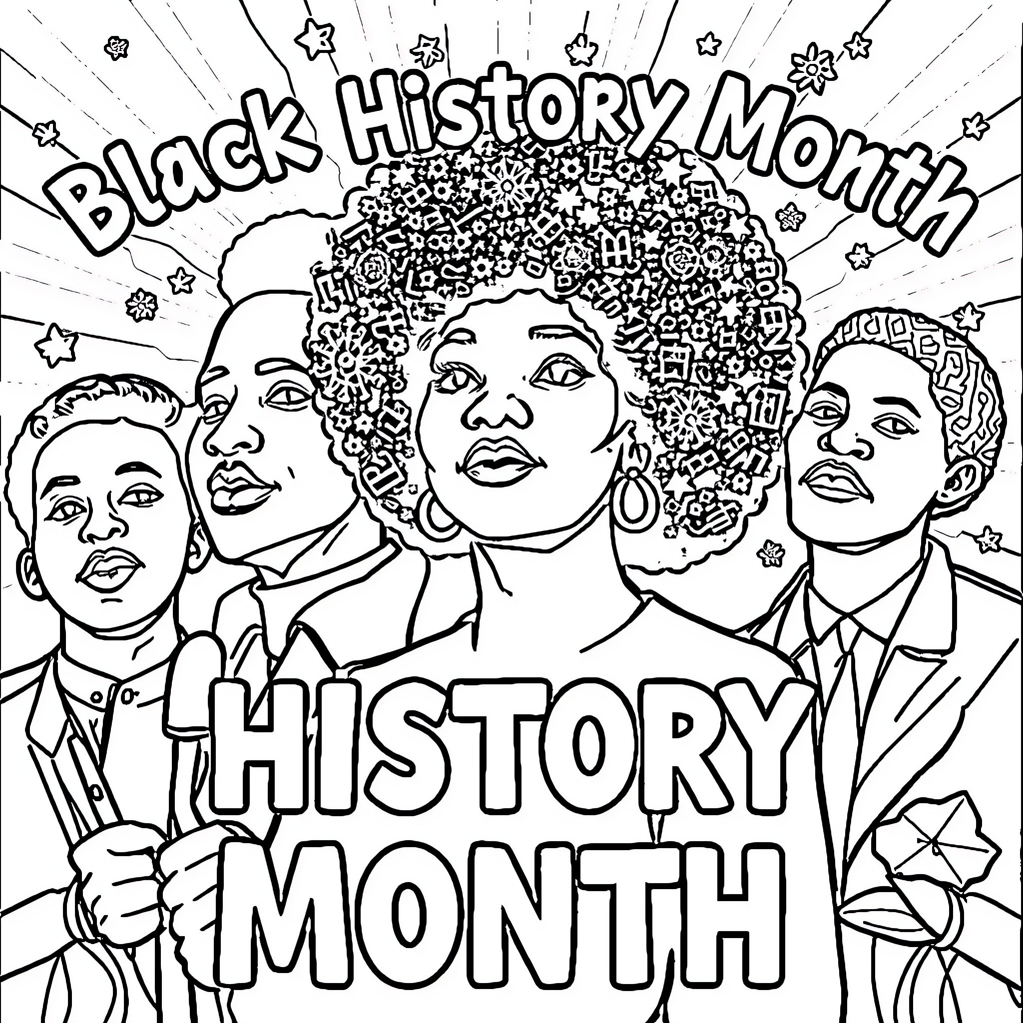 Black History Month Celebrates Historical Figures Coloring Page (free black-and-white line drawing printable PDF for all, from beginners to advanced learners, including children, teens, adults, and seniors)