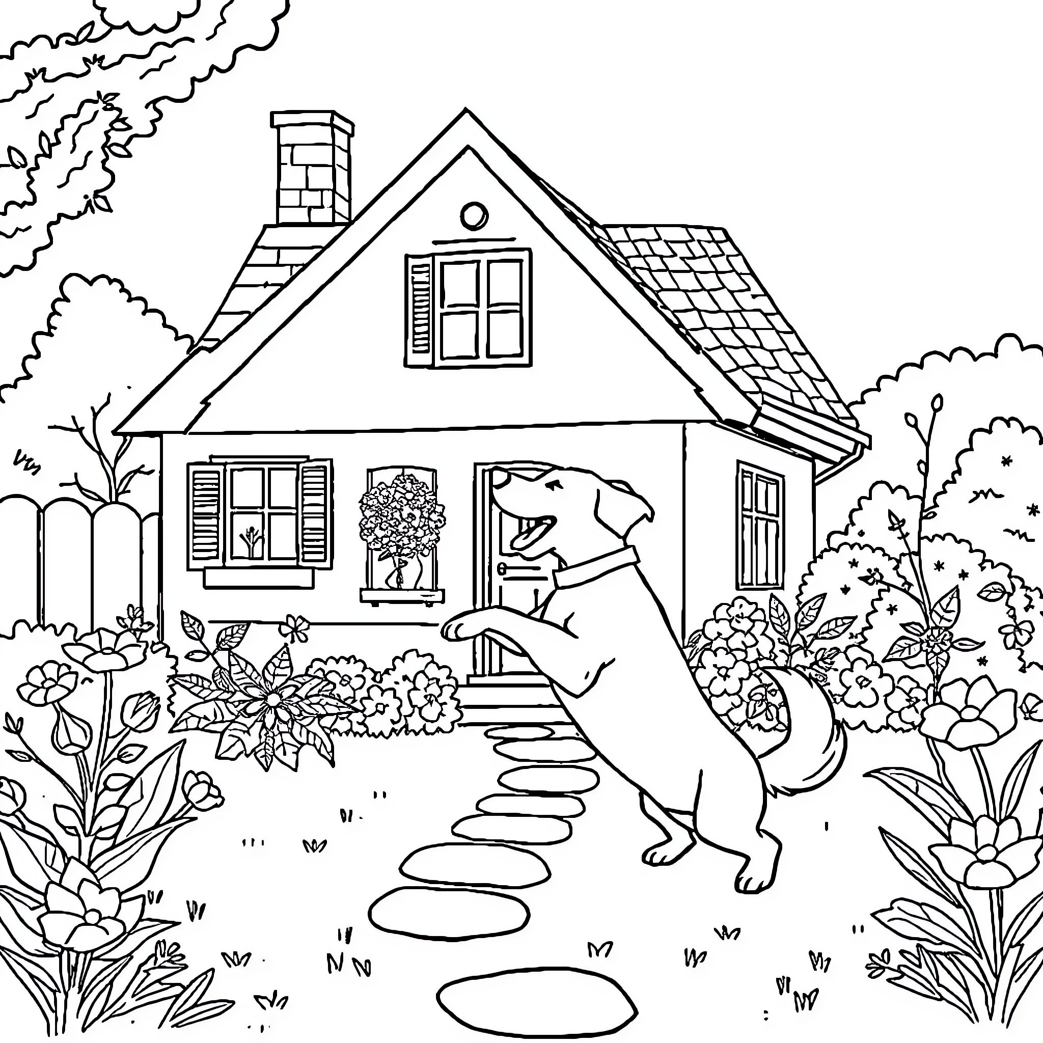 House with flower garden and dog in yard Coloring Page (free black-and-white line drawing printable PDF for all, from beginners to advanced learners, including children, teens, adults, and seniors)