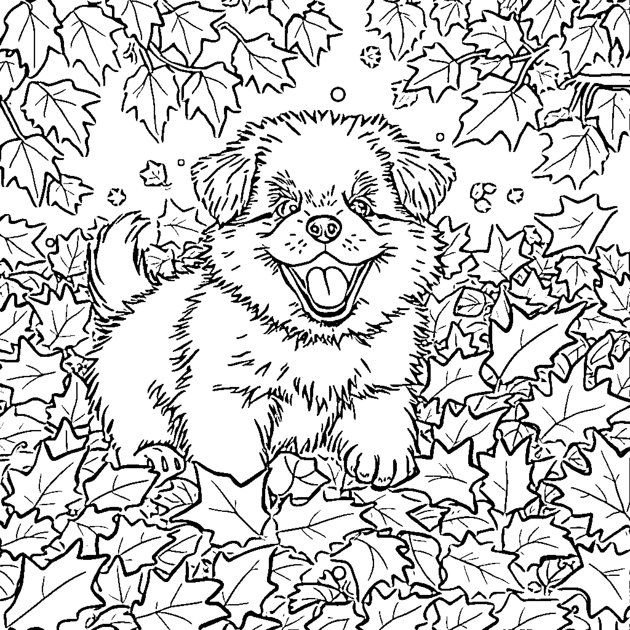 Puppy frolicking in autumn leaves Coloring Page (free black-and-white line drawing printable PDF for all, from beginners to advanced learners, including children, teens, adults, and seniors)