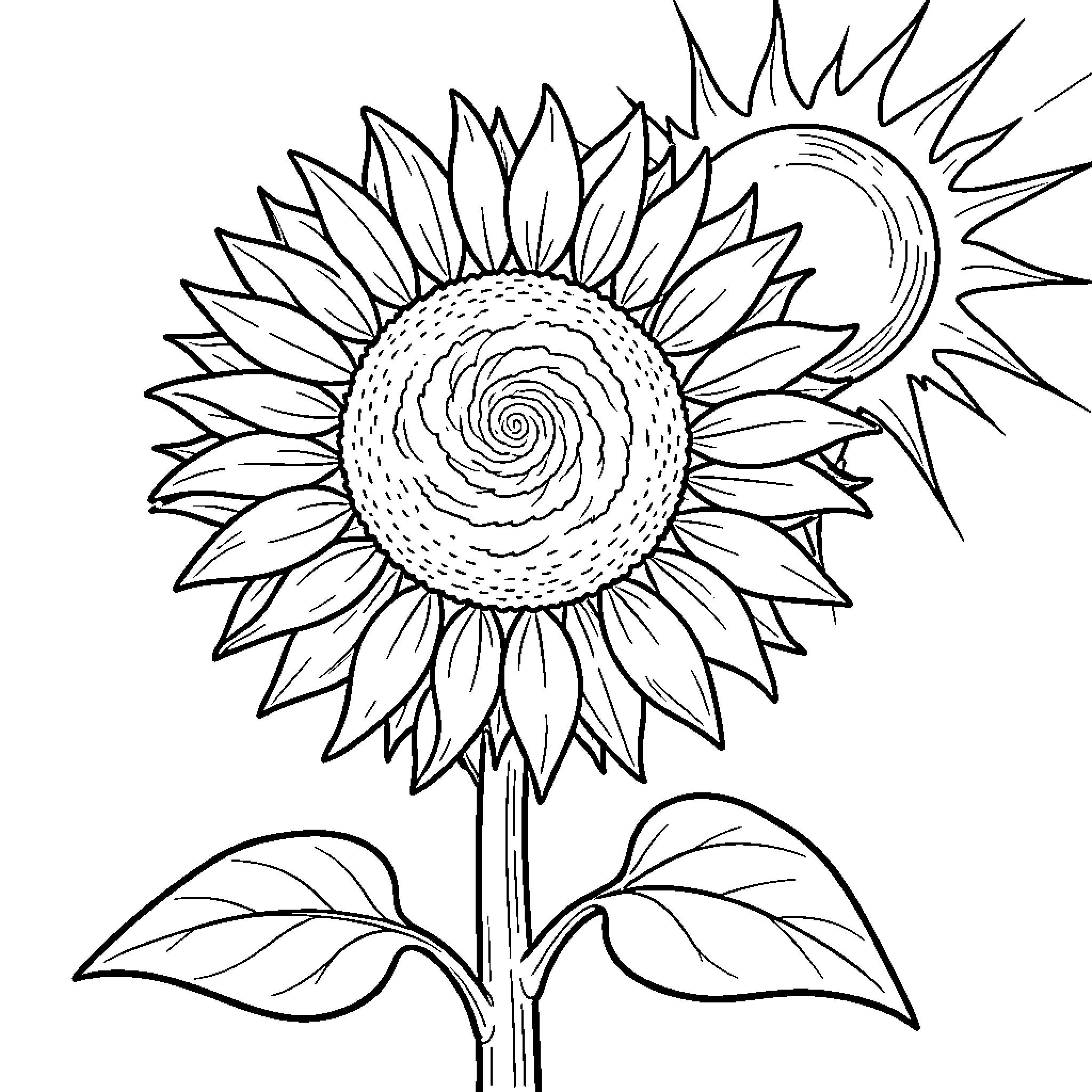 Sunflower blooming in the sun Coloring Page (free black-and-white line drawing printable PDF for all, from beginners to advanced learners, including children, teens, adults, and seniors)