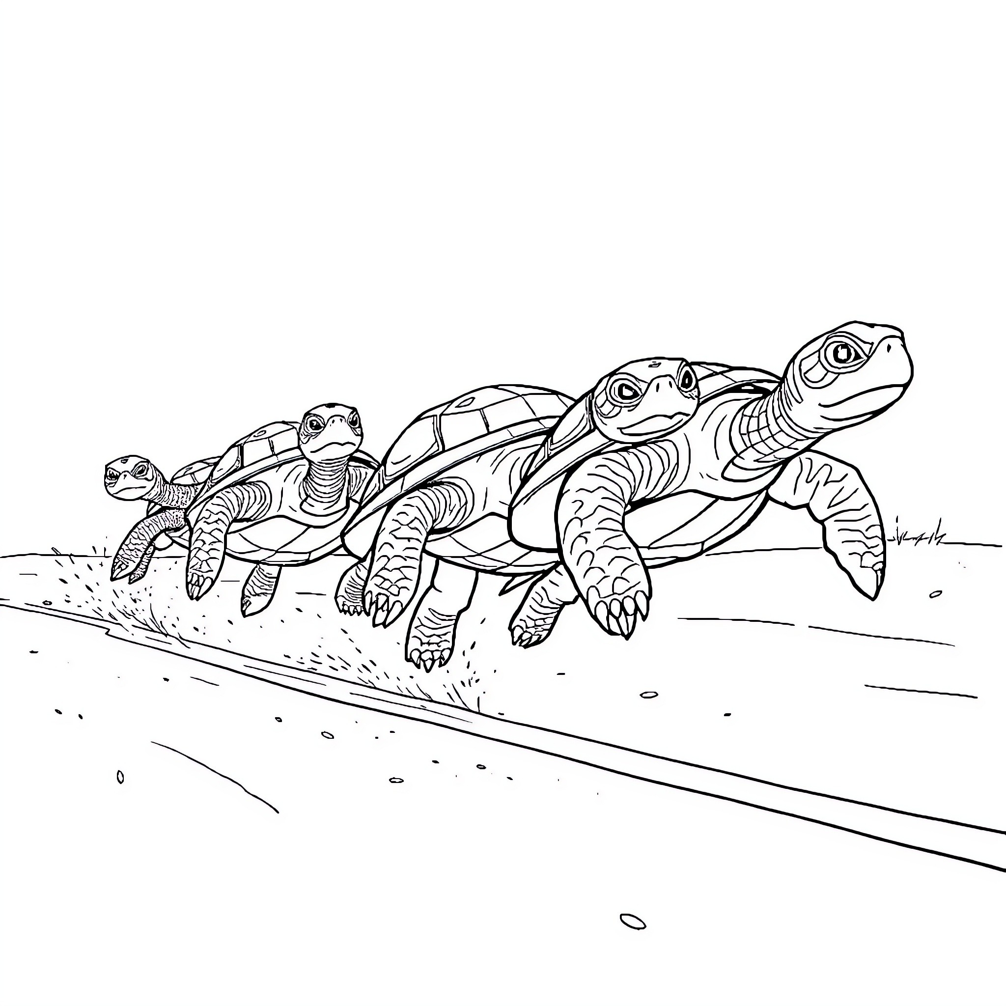 Turtles crawling along the ground Coloring Page (free black-and-white line drawing printable PDF for all, from beginners to advanced learners, including children, teens, adults, and seniors)