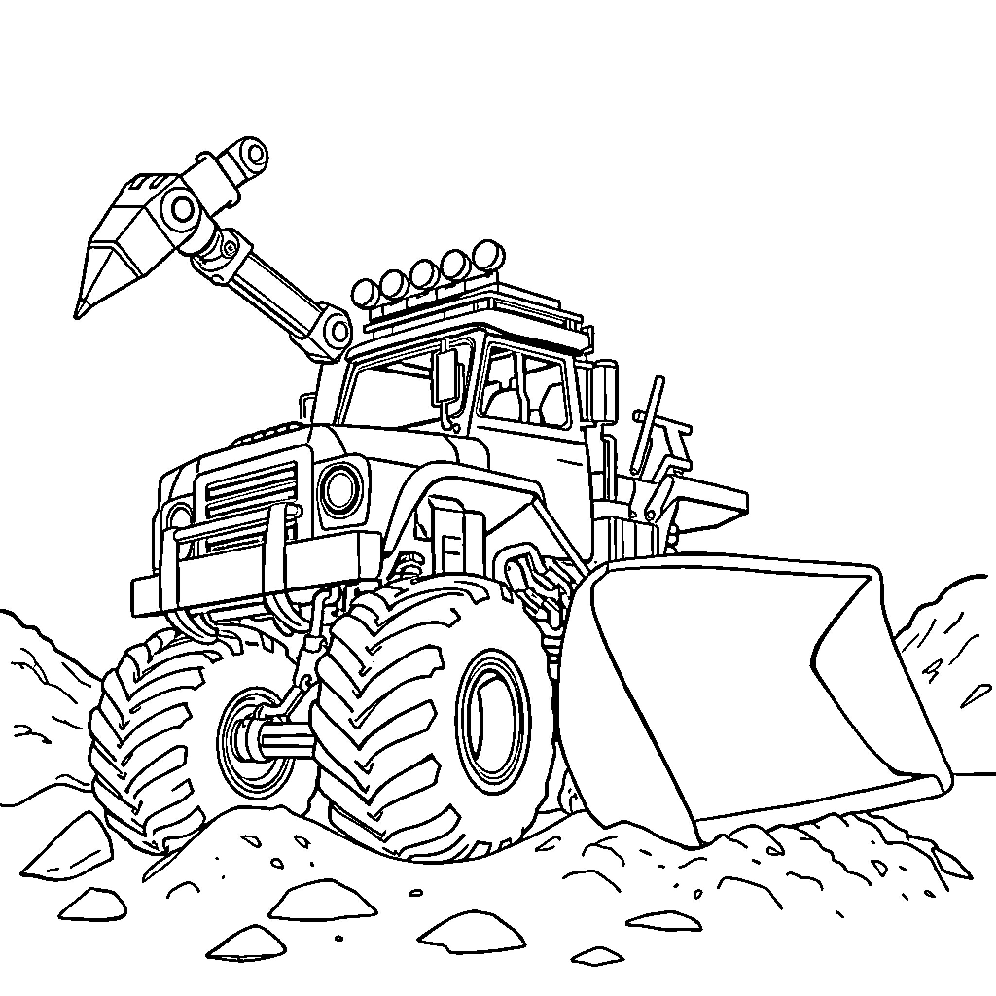 Monster Truck Moving Rocks and Rubble Coloring Page (free black-and-white line drawing printable PDF for all, from beginners to advanced learners, including children, teens, adults, and seniors)