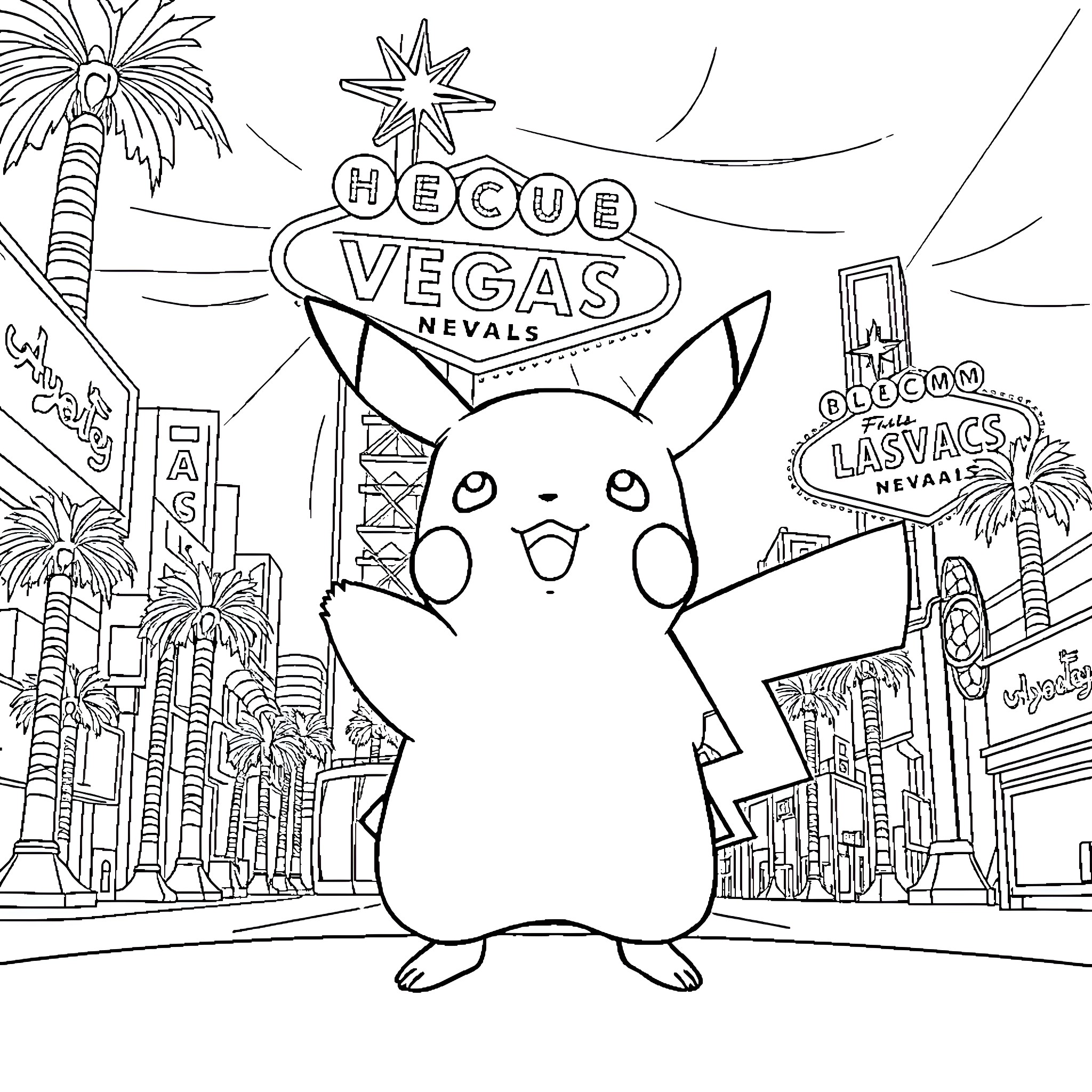 Pikachu explores the sights of Las Vegas Coloring Page (free black-and-white line drawing printable PDF for all, from beginners to advanced learners, including children, teens, adults, and seniors)