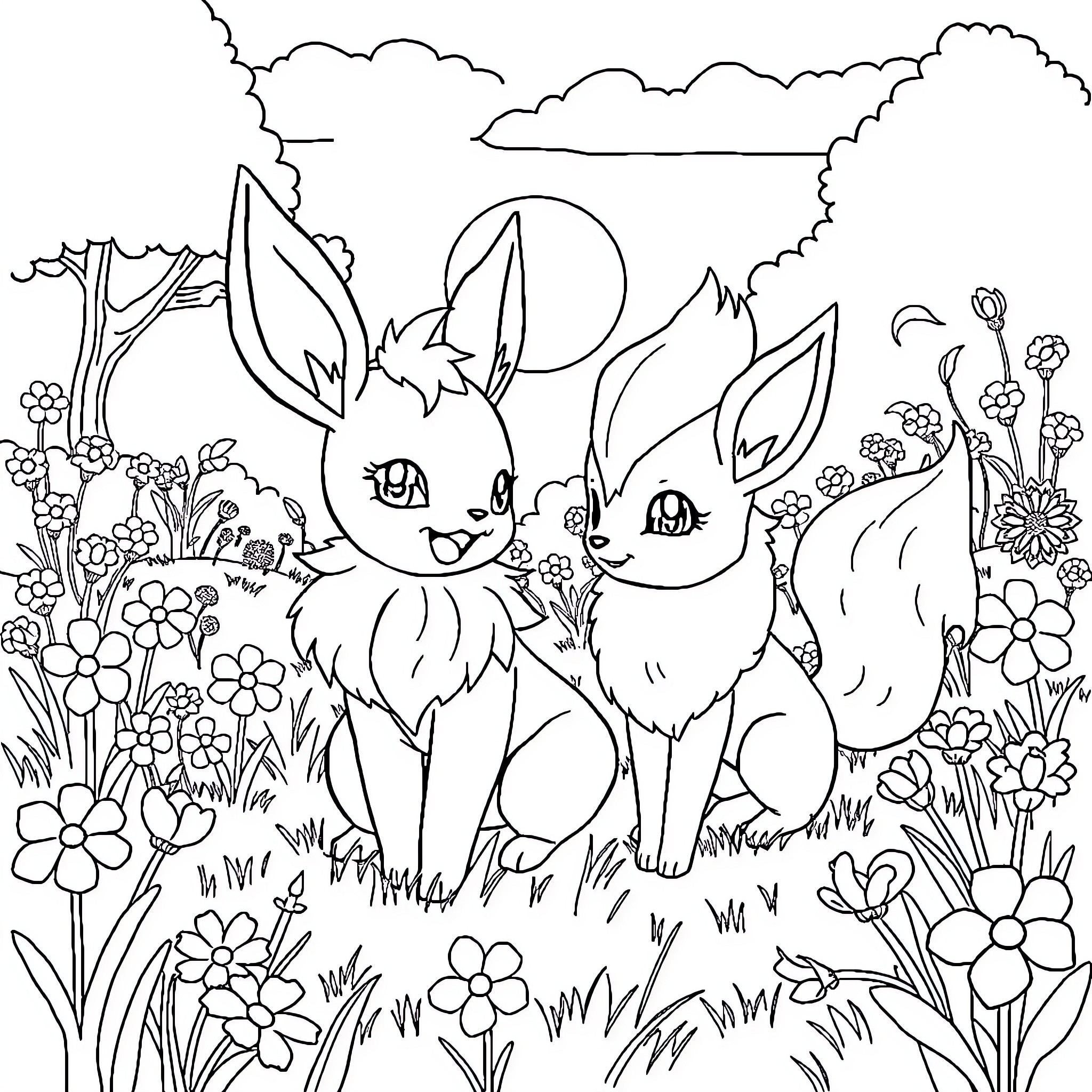 Leafeon companions exploring a whimsical floral landscape Coloring Page (free black-and-white line drawing printable PDF for all, from beginners to advanced learners, including children, teens, adults, and seniors)